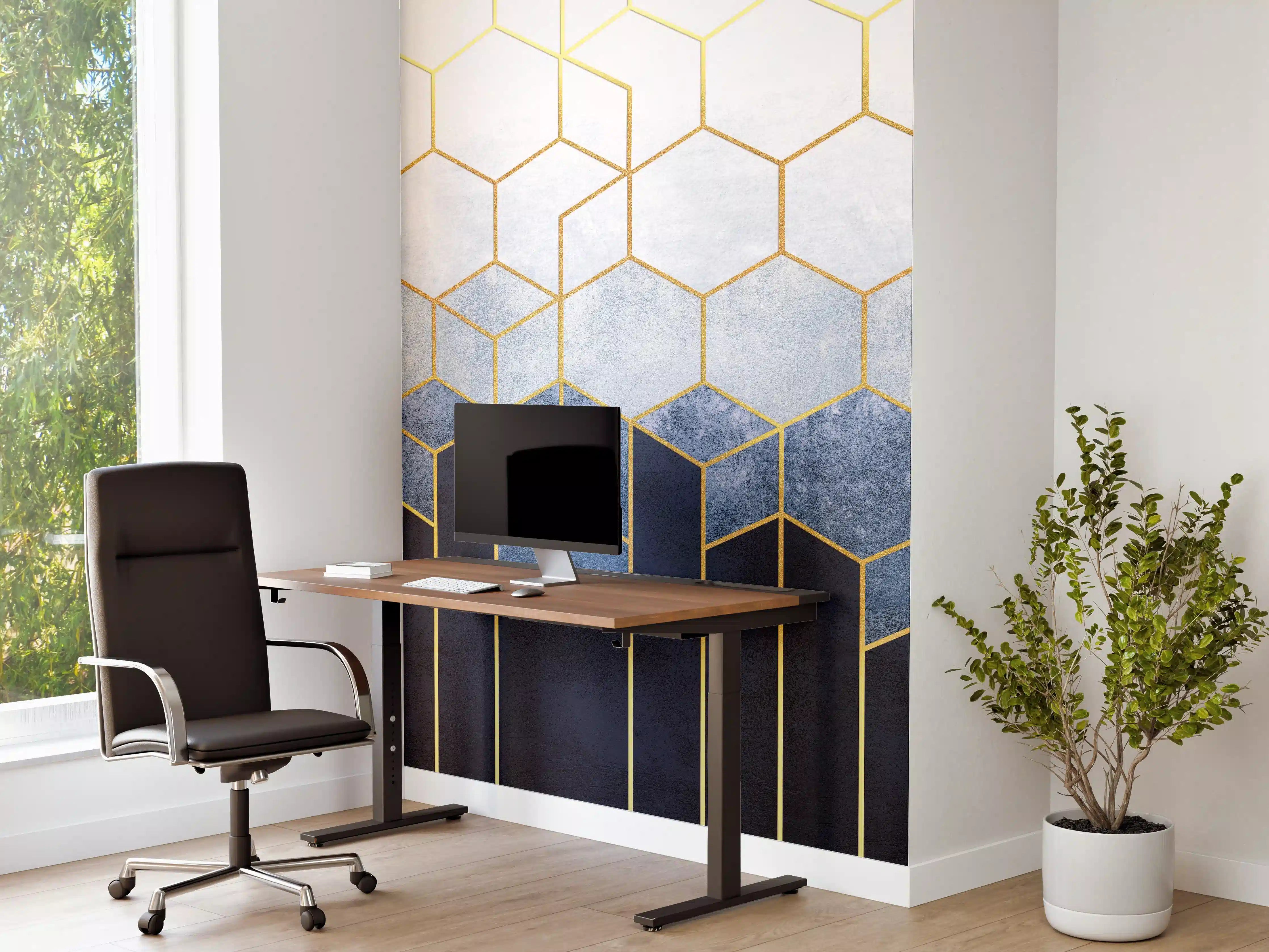 Büro Wandgestaltung - Goldene Hexagon-Design mit Wasser-Effekt