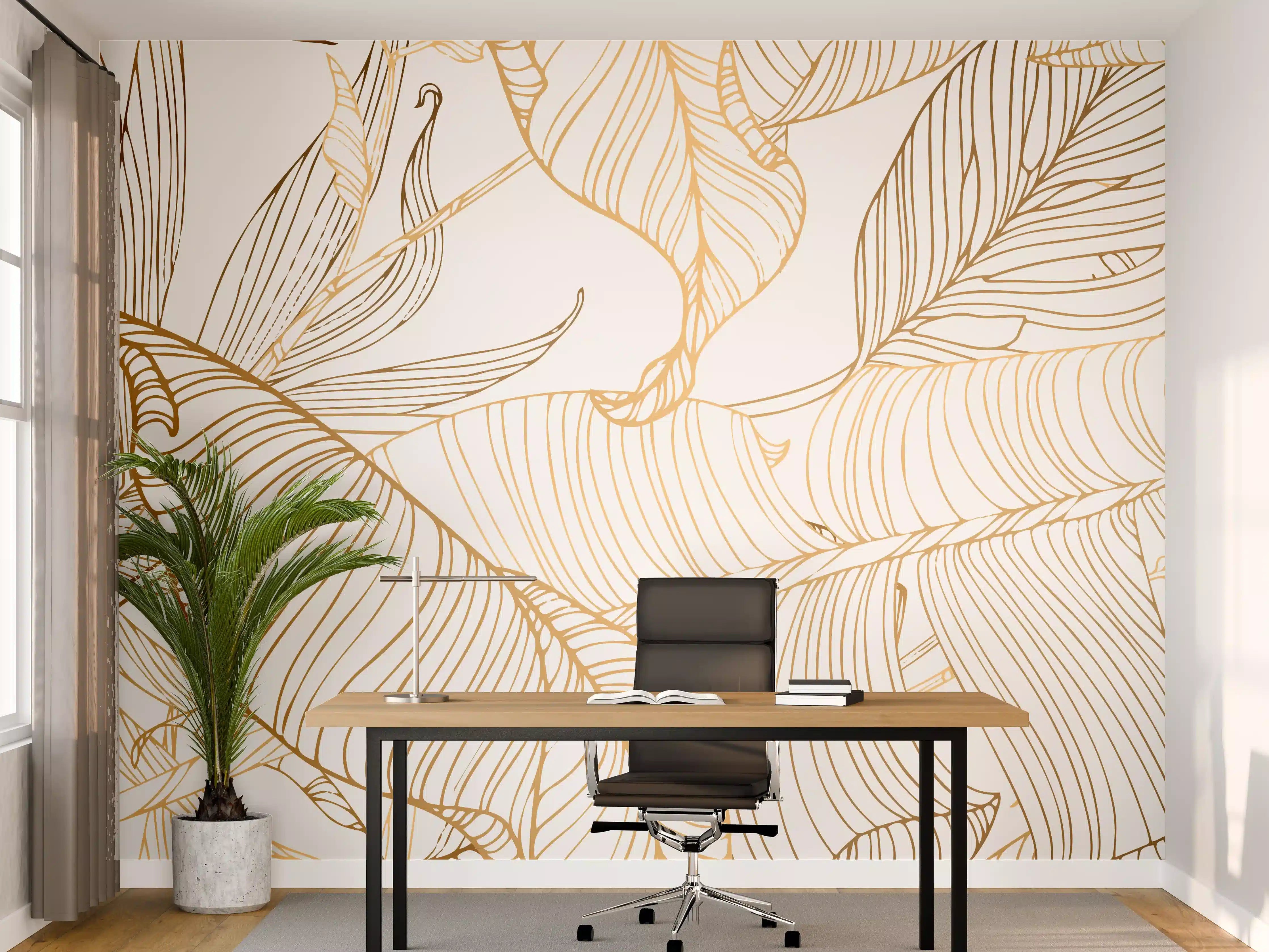 Büro Wandgestaltung - Goldene Lineart Blattmuster Kunst