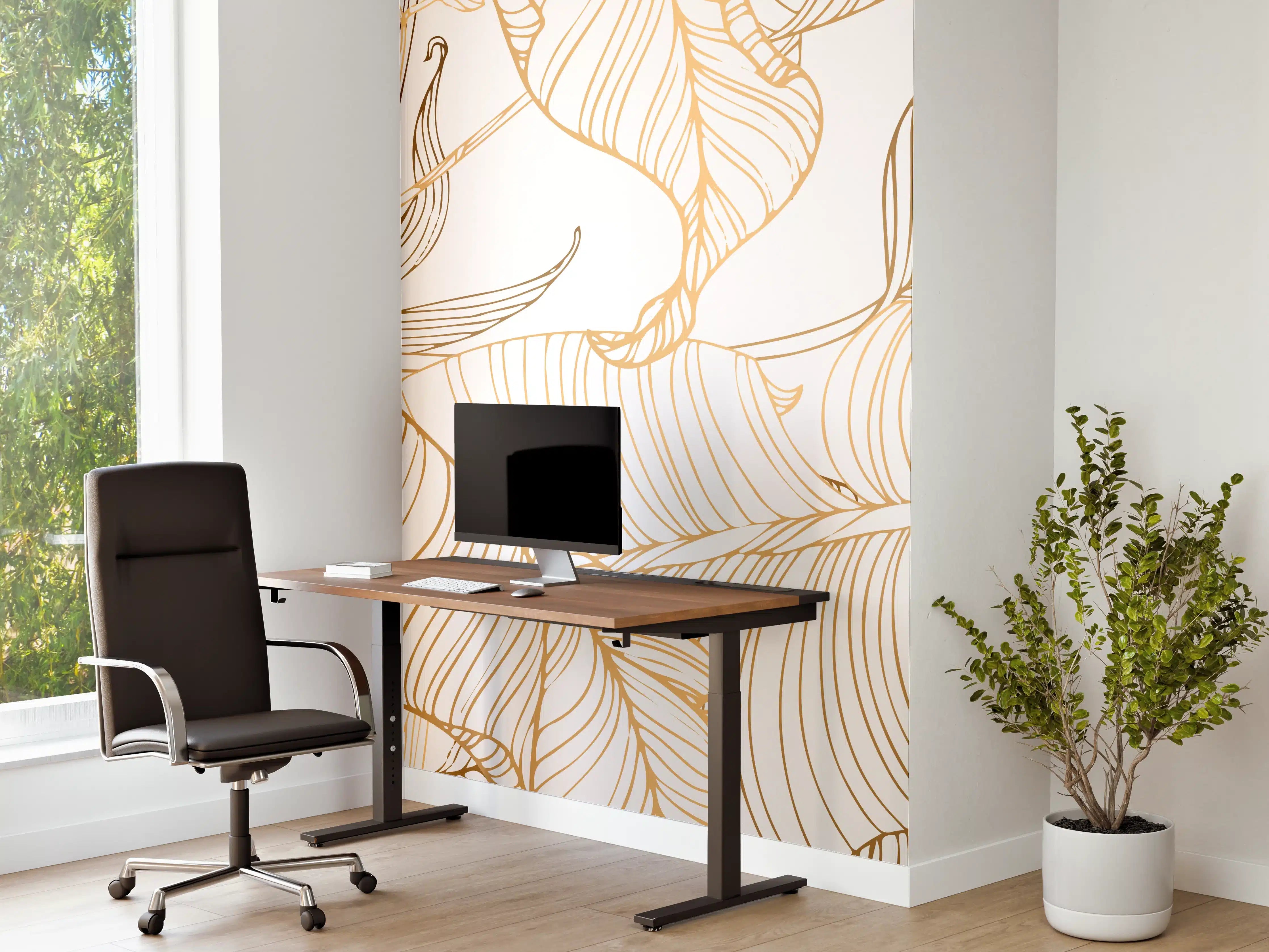 Büro Wandgestaltung - Goldene Lineart Blattmuster Kunst