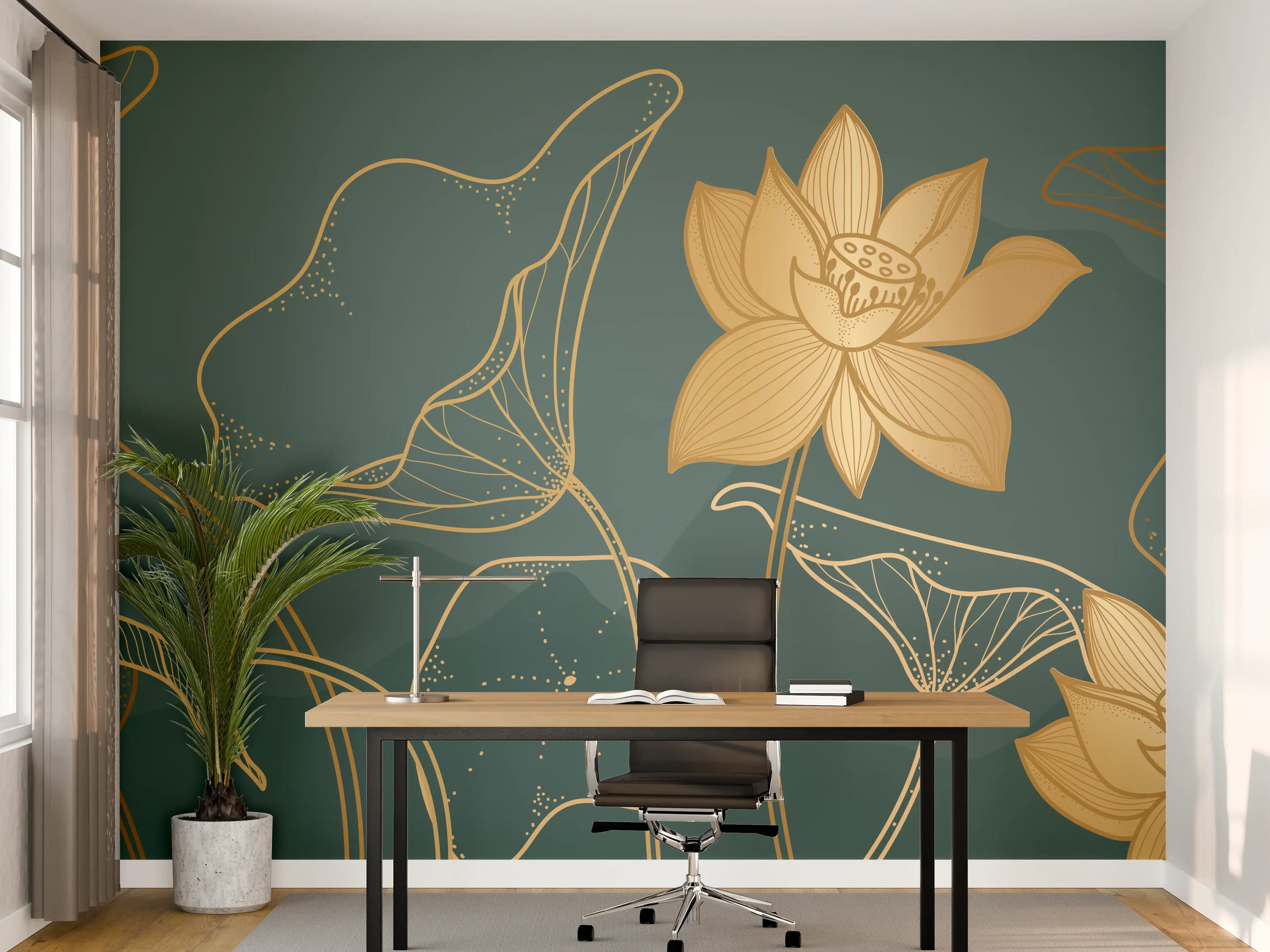Büro Wandgestaltung - Goldene Lotus Linienzeichnung