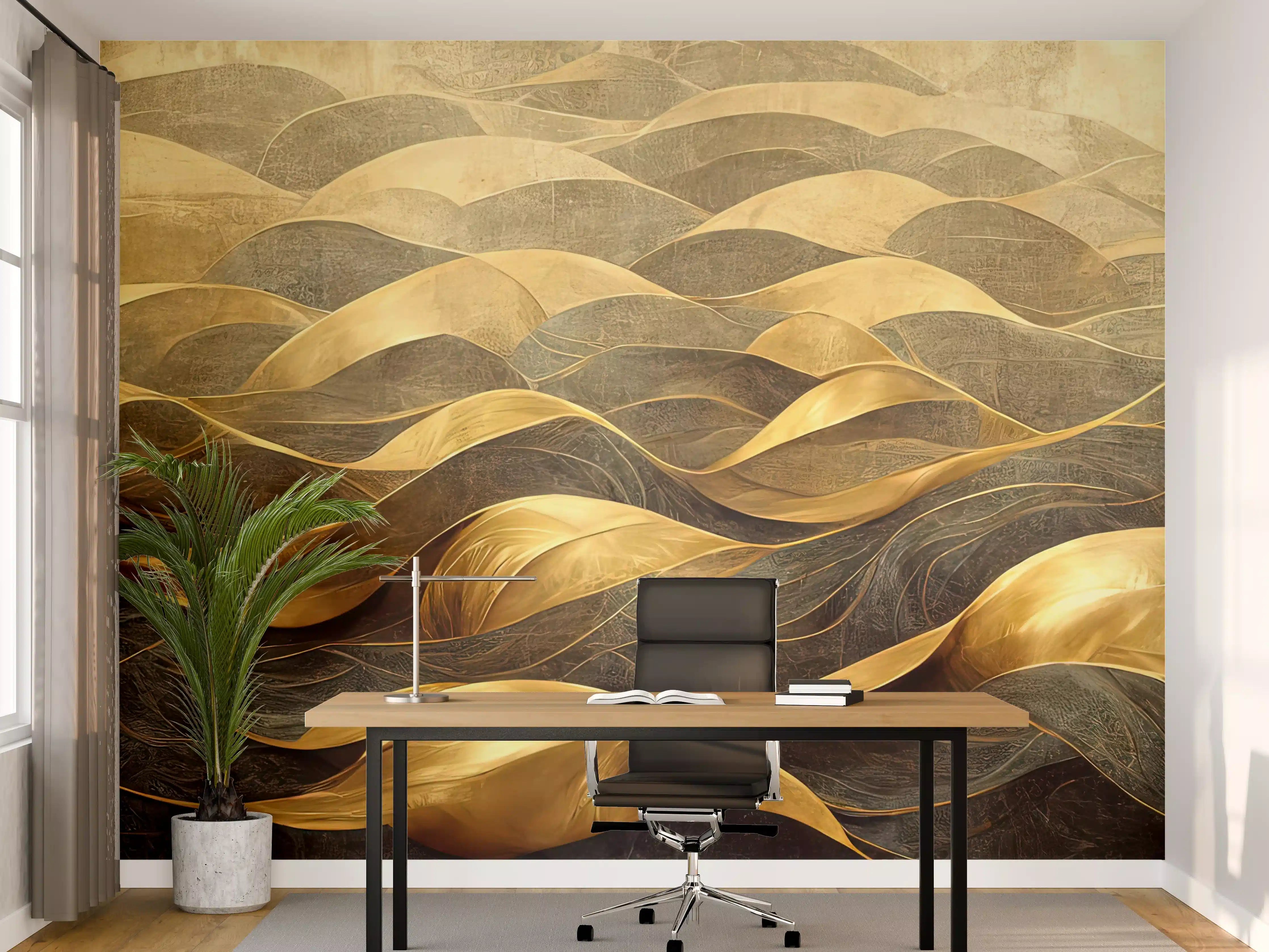Büro Wandgestaltung - Goldene Wellen über dunklem Hintergrund