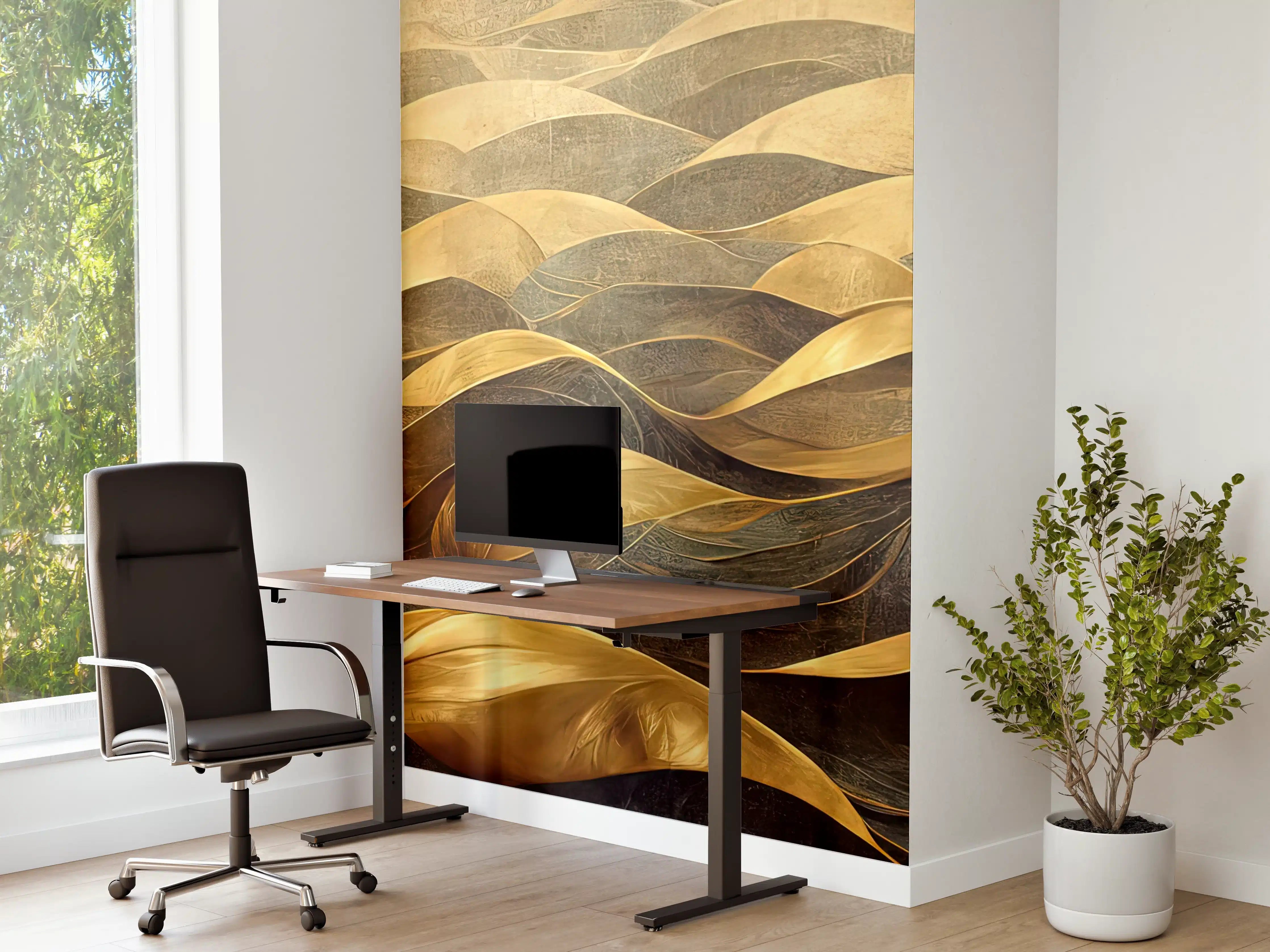 Büro Wandgestaltung - Goldene Wellen über dunklem Hintergrund