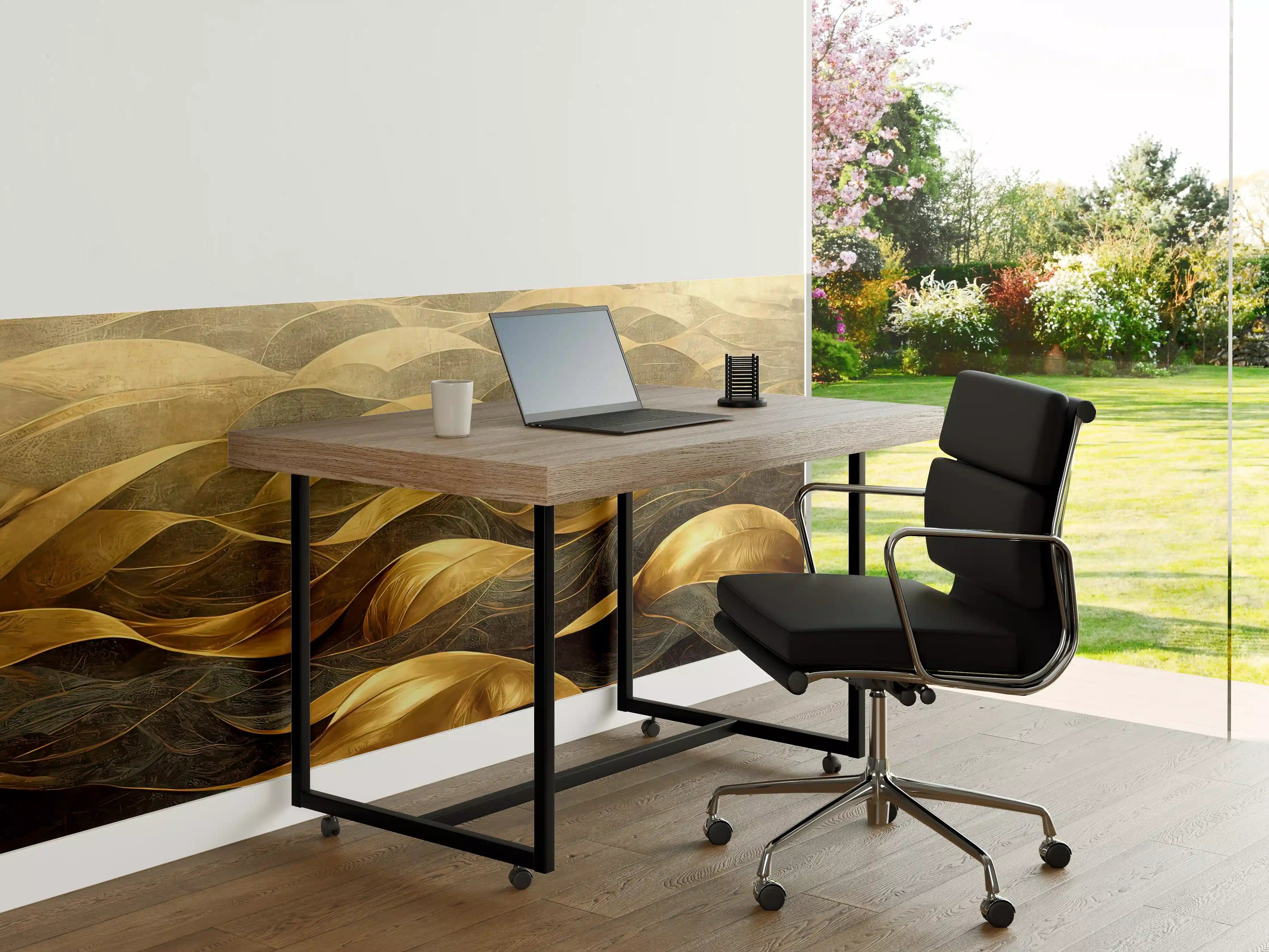 Büro Wandgestaltung - Goldene Wellen über dunklem Hintergrund