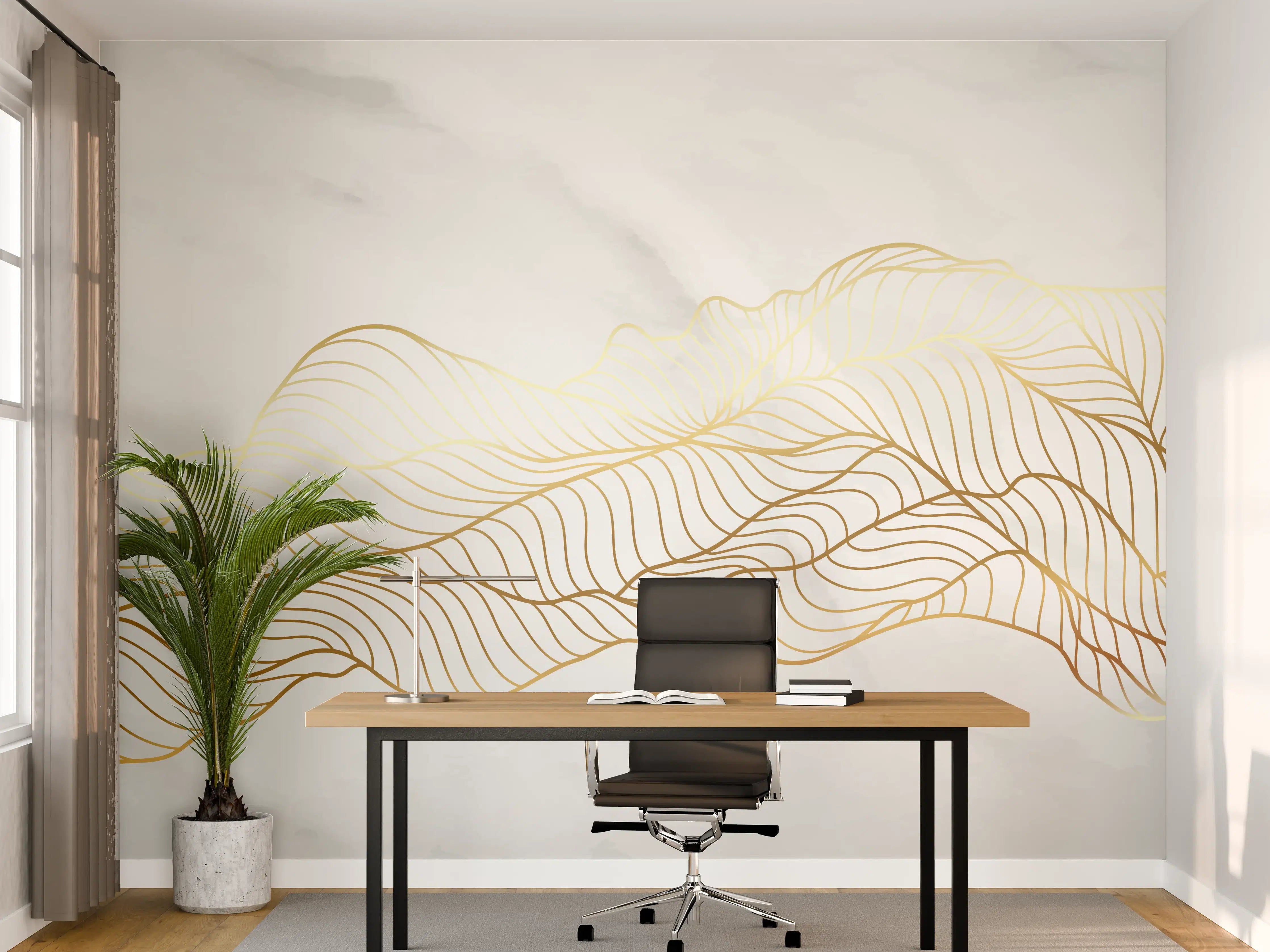 Büro Wandgestaltung - Goldene Wellenlinien auf Marmor