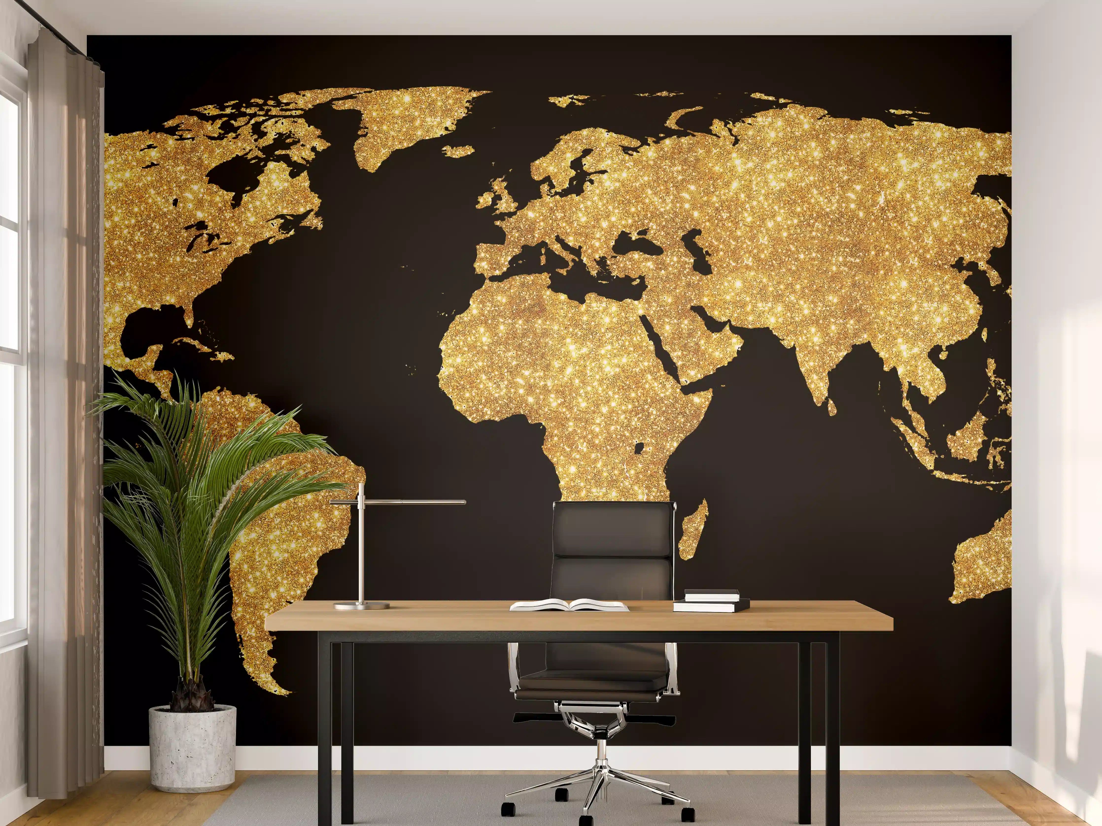 Büro Wandgestaltung - Goldene Weltkarte Nachtlicht