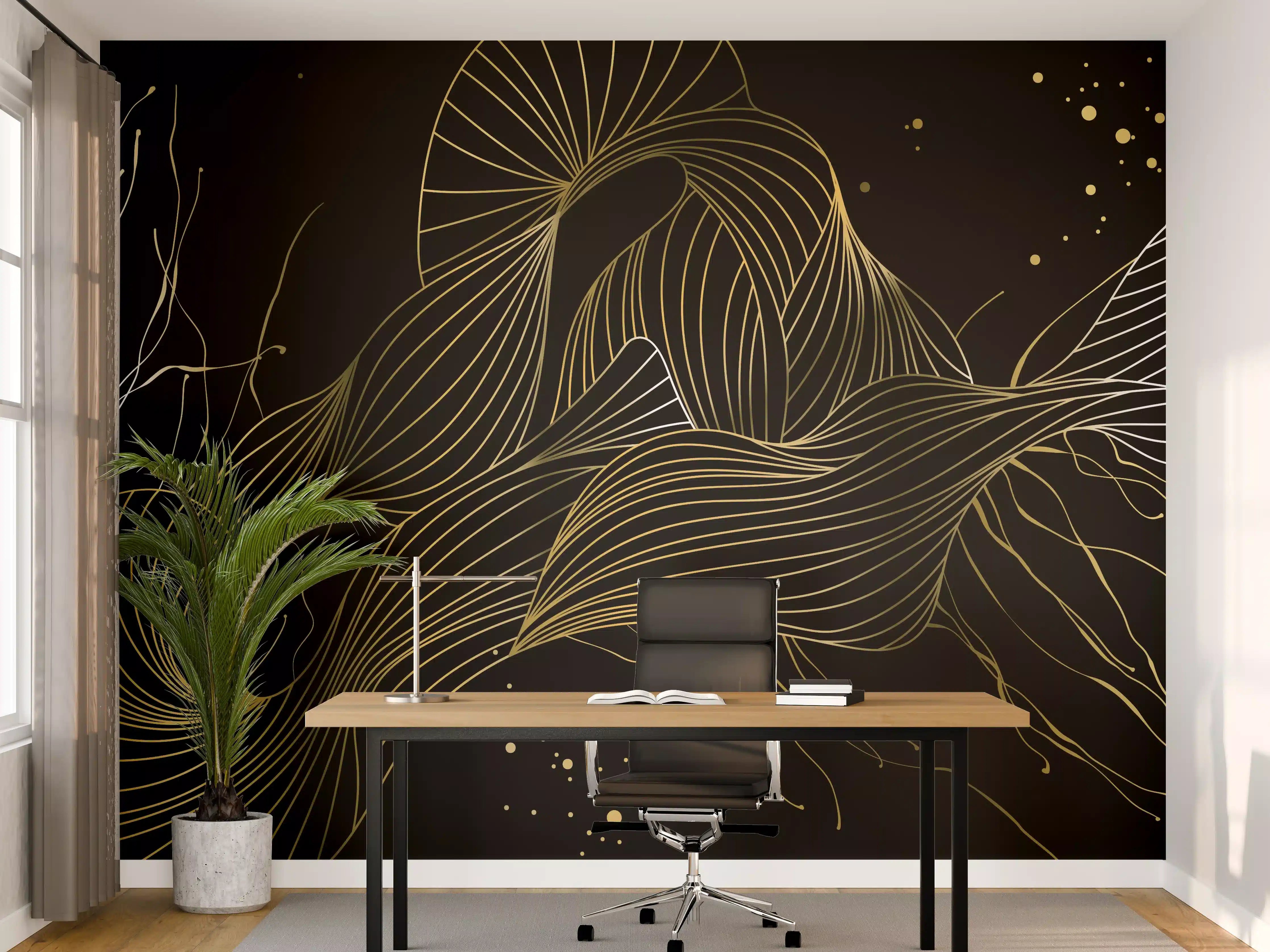Büro Wandgestaltung - Goldenes Linienmuster auf Schwarz
