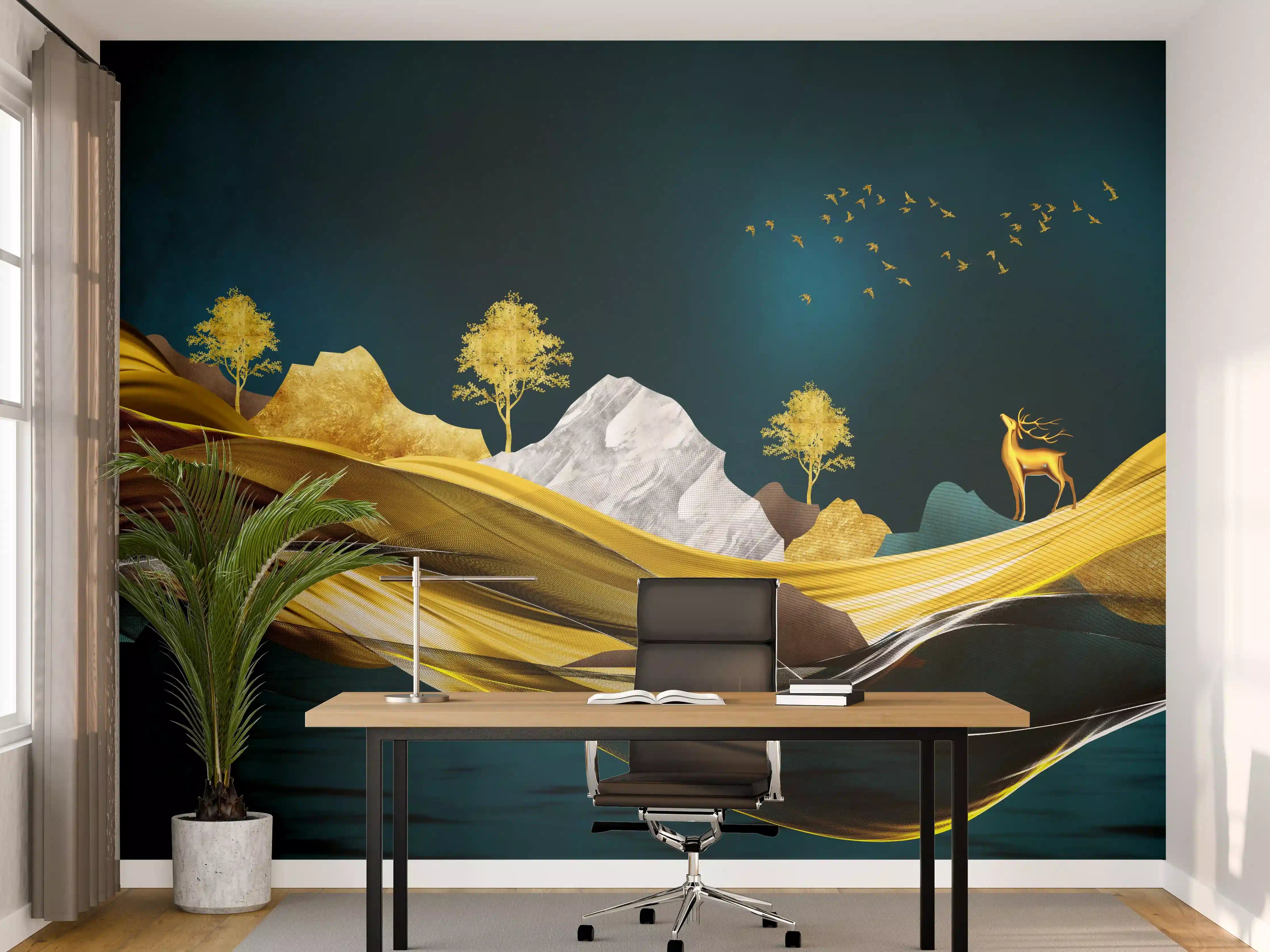 Büro Wandgestaltung - Goldenes Wellendesign - 3D