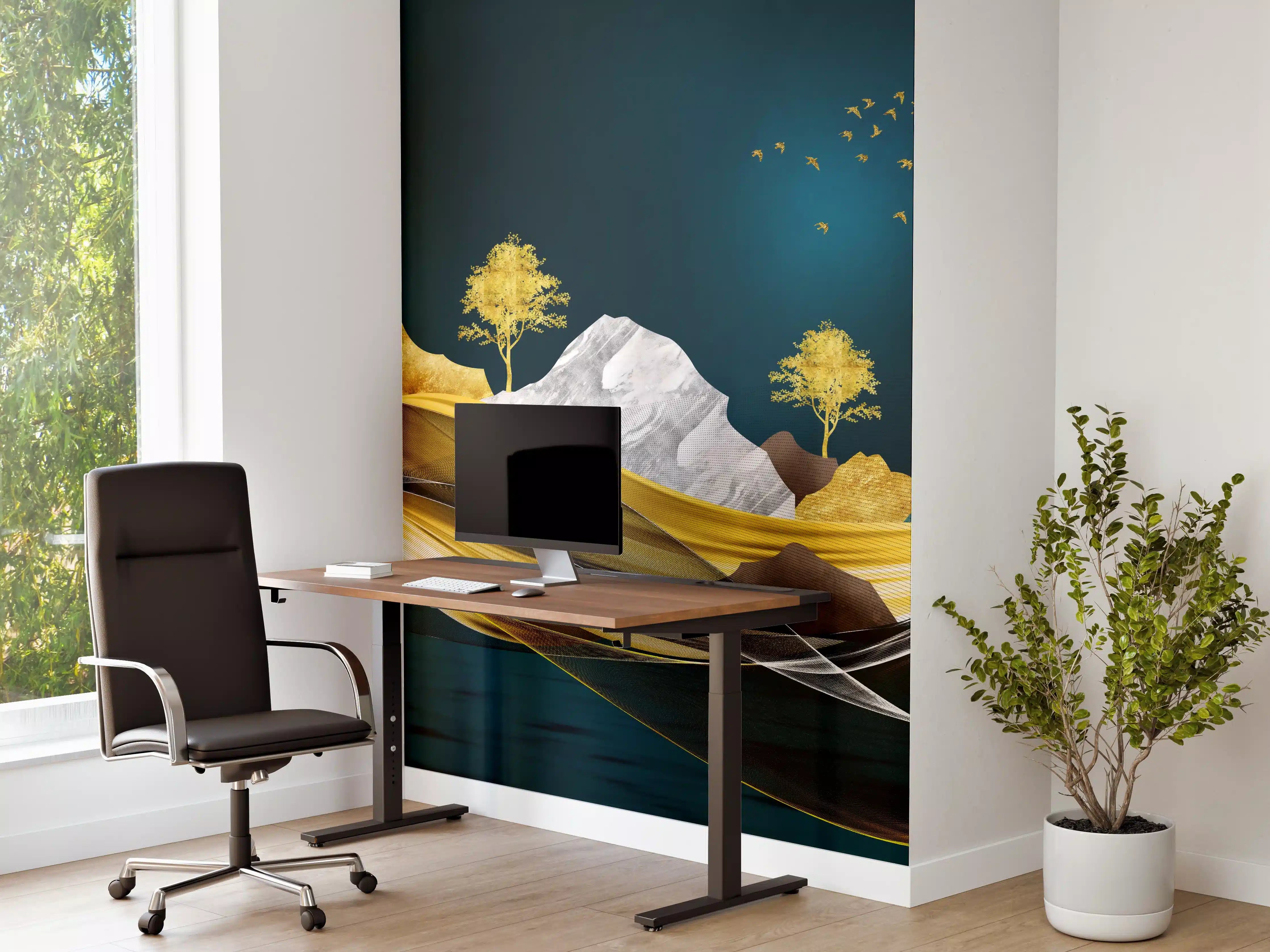 Büro Wandgestaltung - Goldenes Wellendesign - 3D