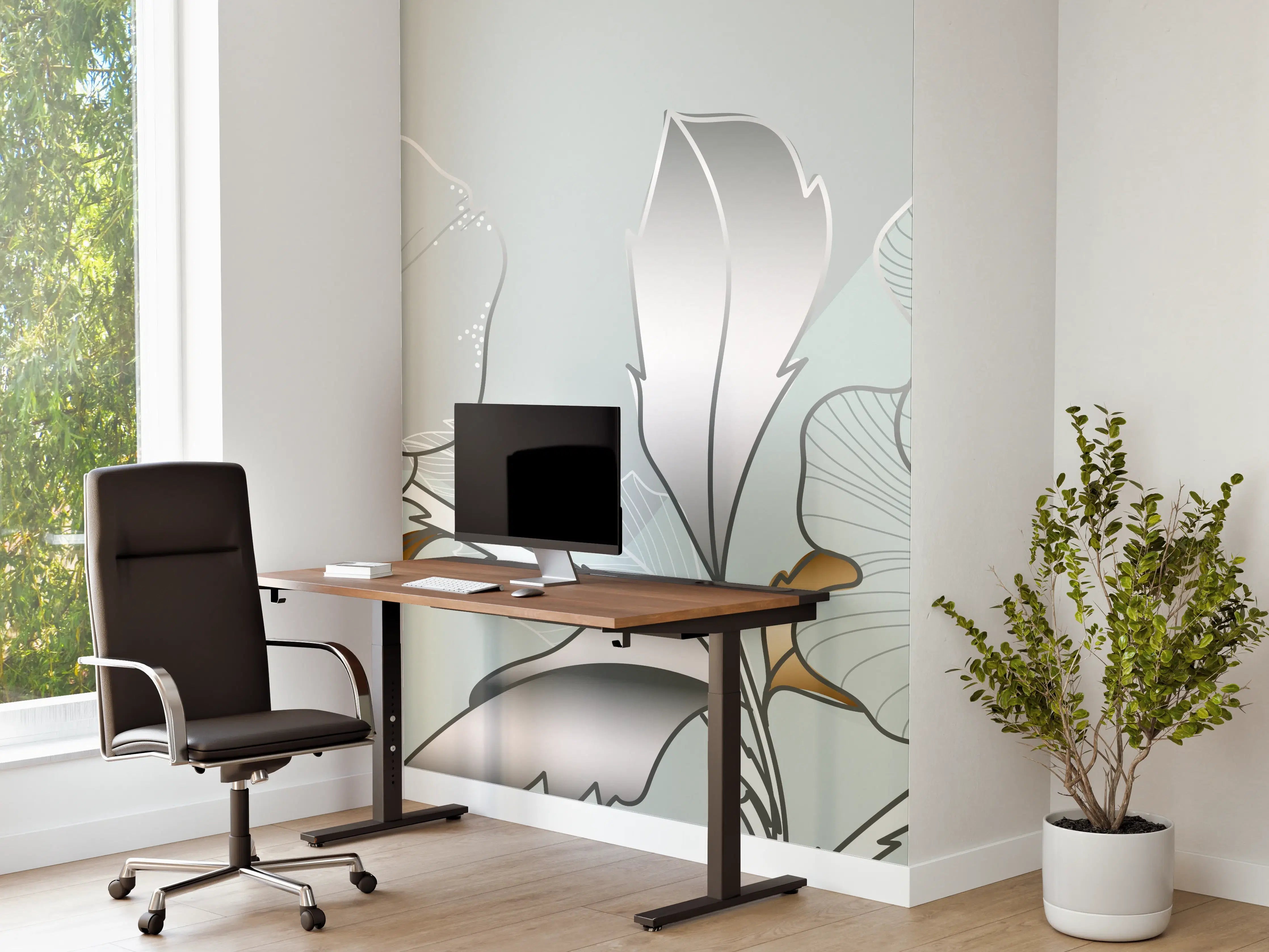 Büro Wandgestaltung - Grau-Weiße Blumenillustration