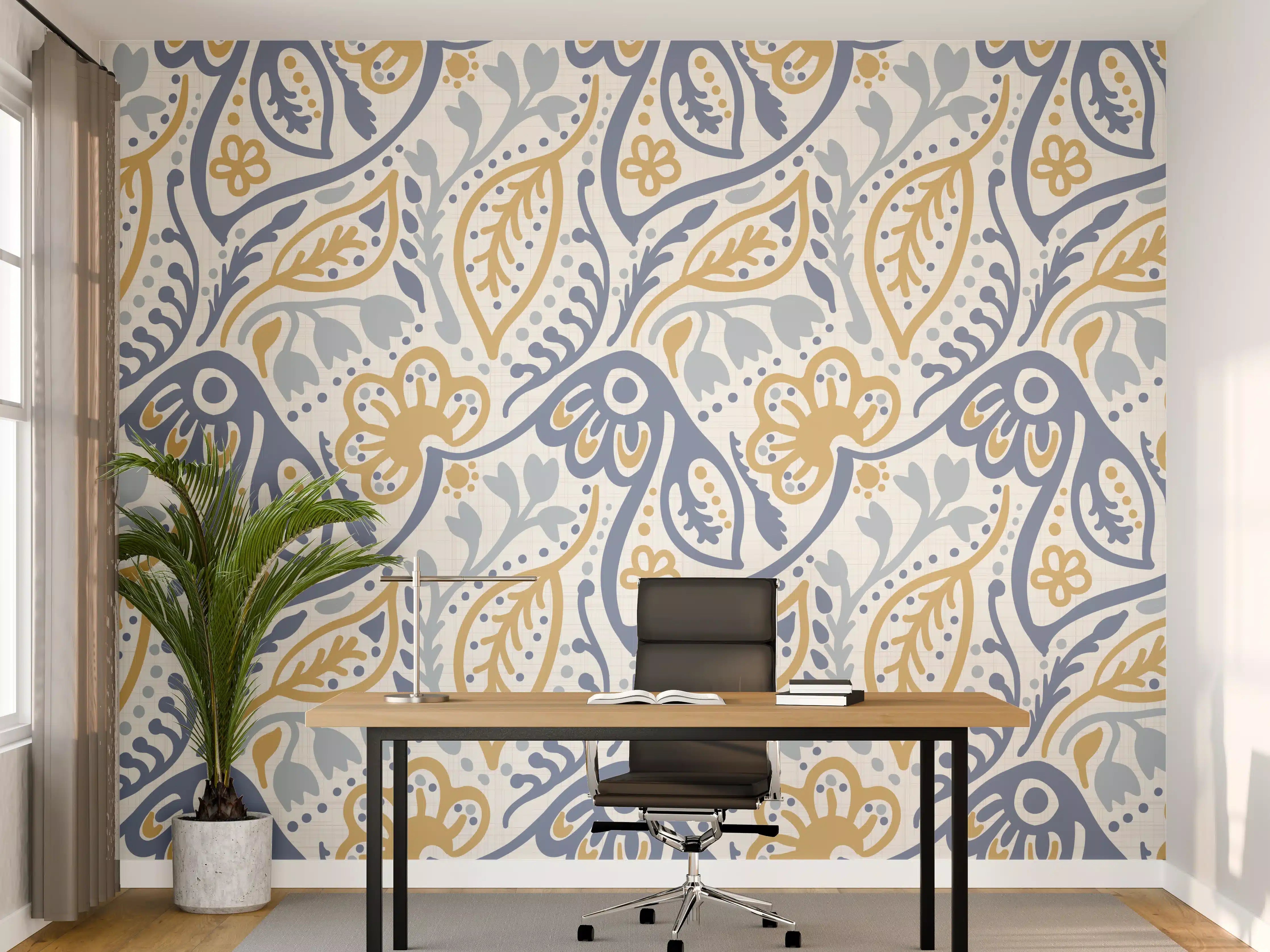 Büro Wandgestaltung - Graue Blumenmuster in Blau und Beige