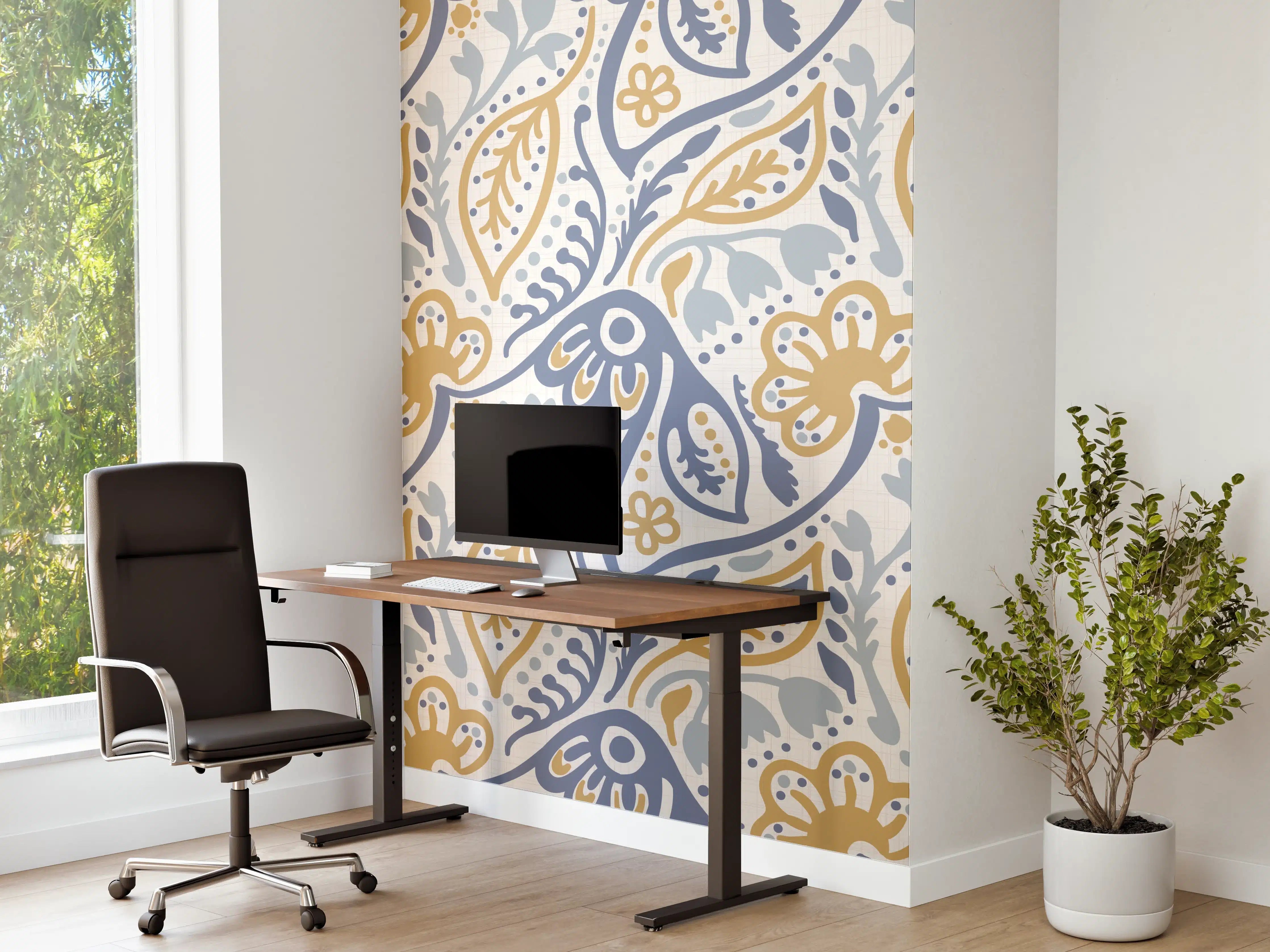 Büro Wandgestaltung - Graue Blumenmuster in Blau und Beige