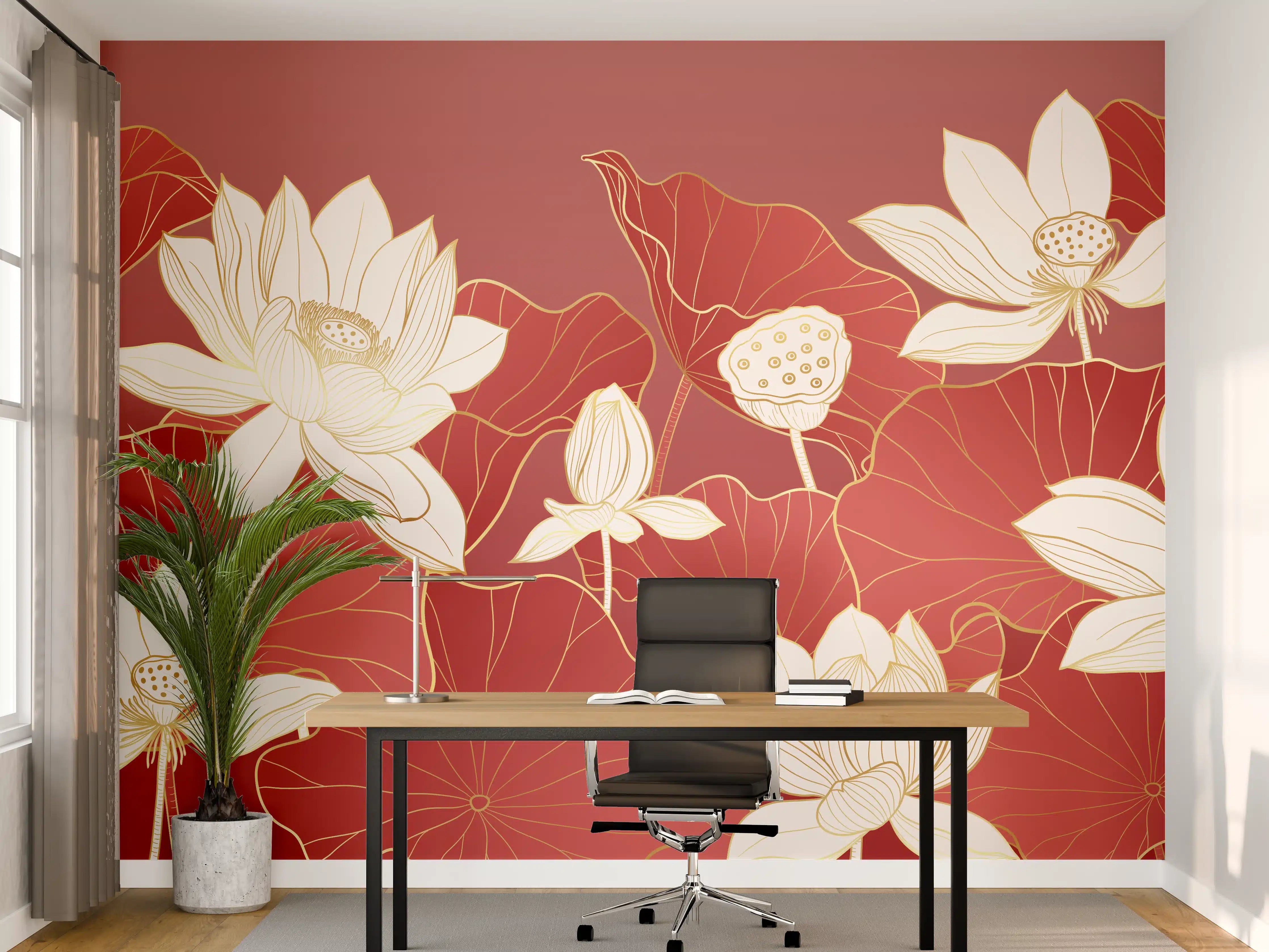 Büro Wandgestaltung - Graue Lotus auf rotem Feld