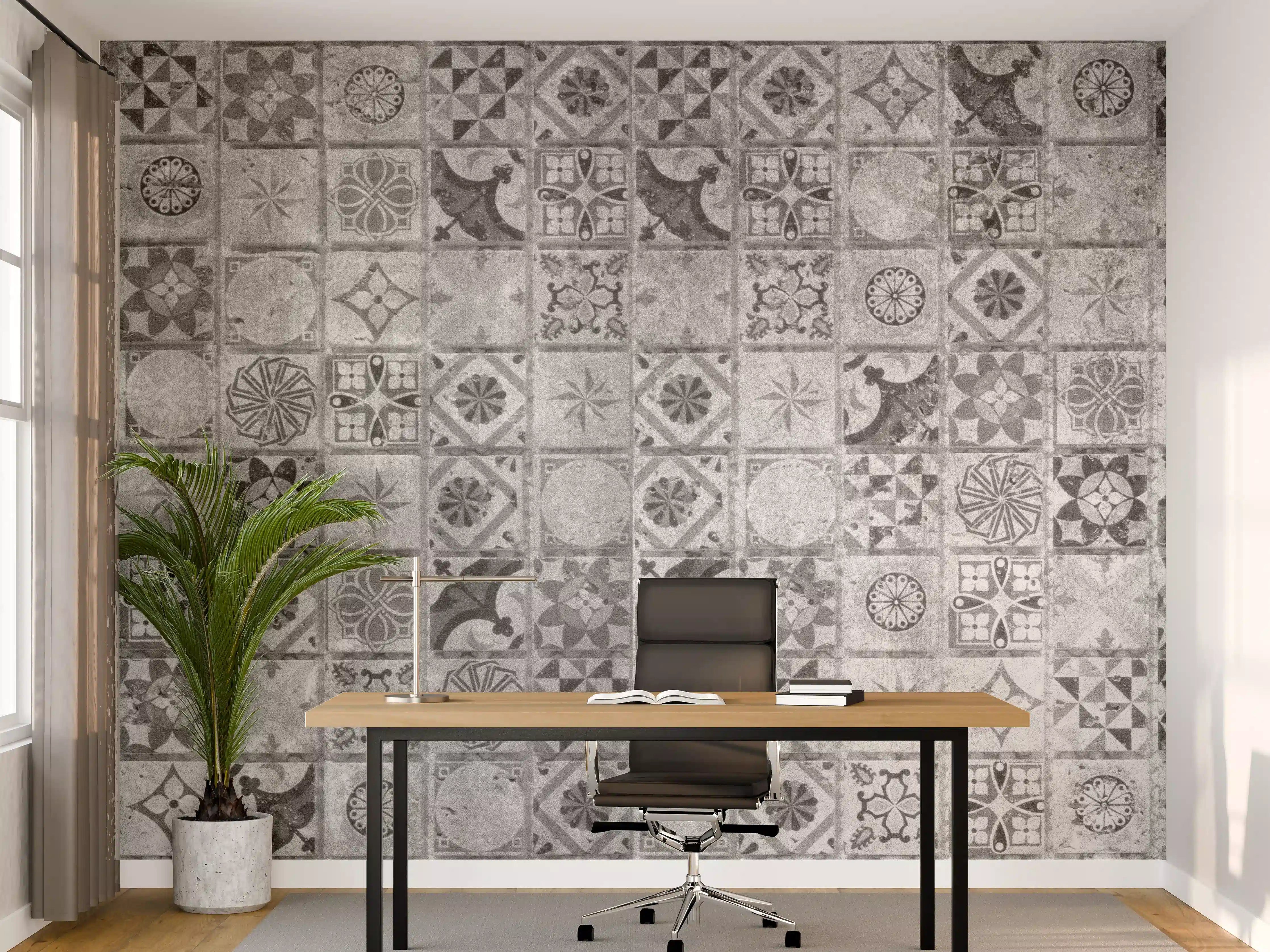 Büro Wandgestaltung - Graue Motive auf weißen Fliesen