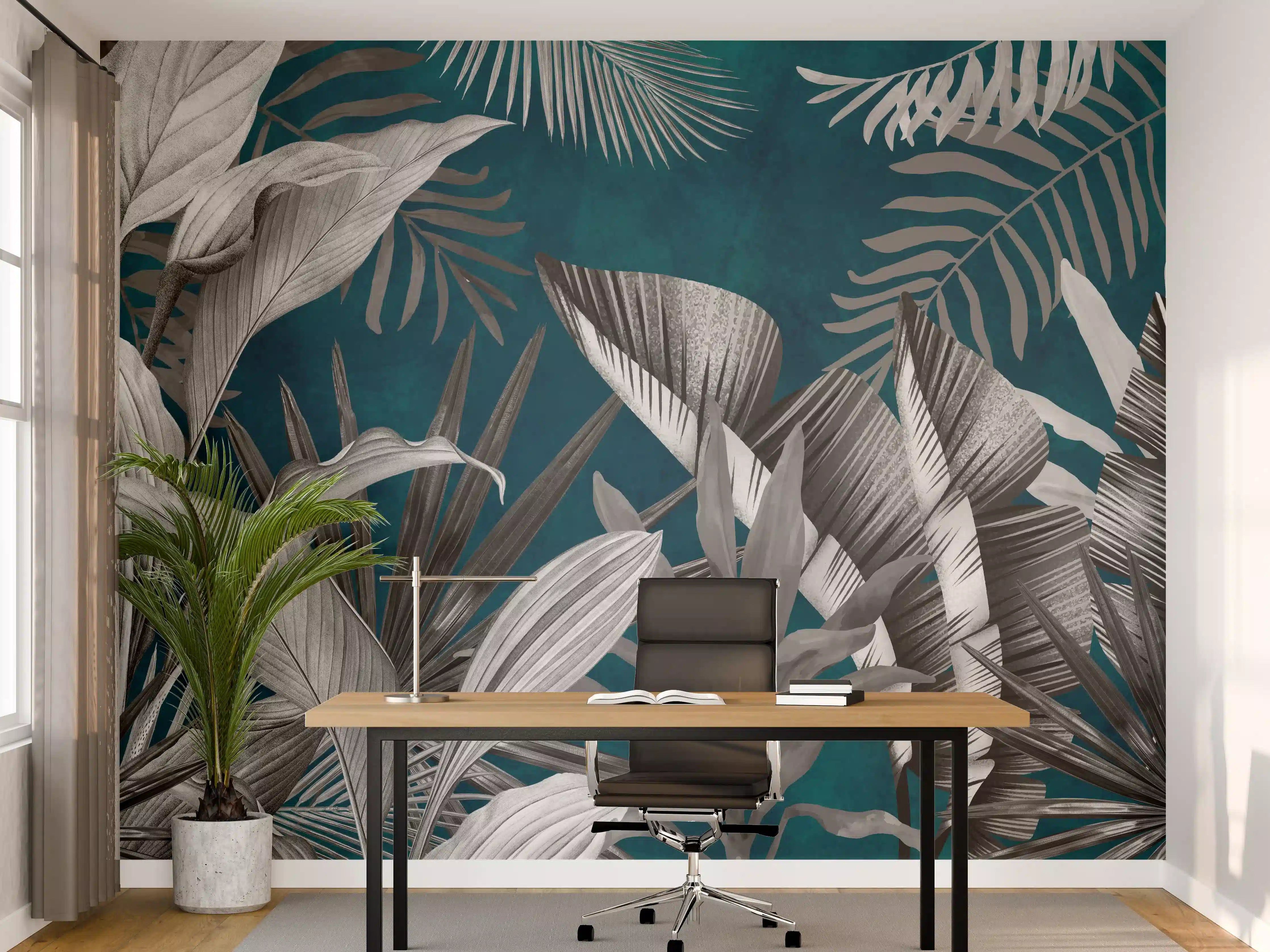 Büro Wandgestaltung - Graue Pflanzen auf blauem Hintergrund