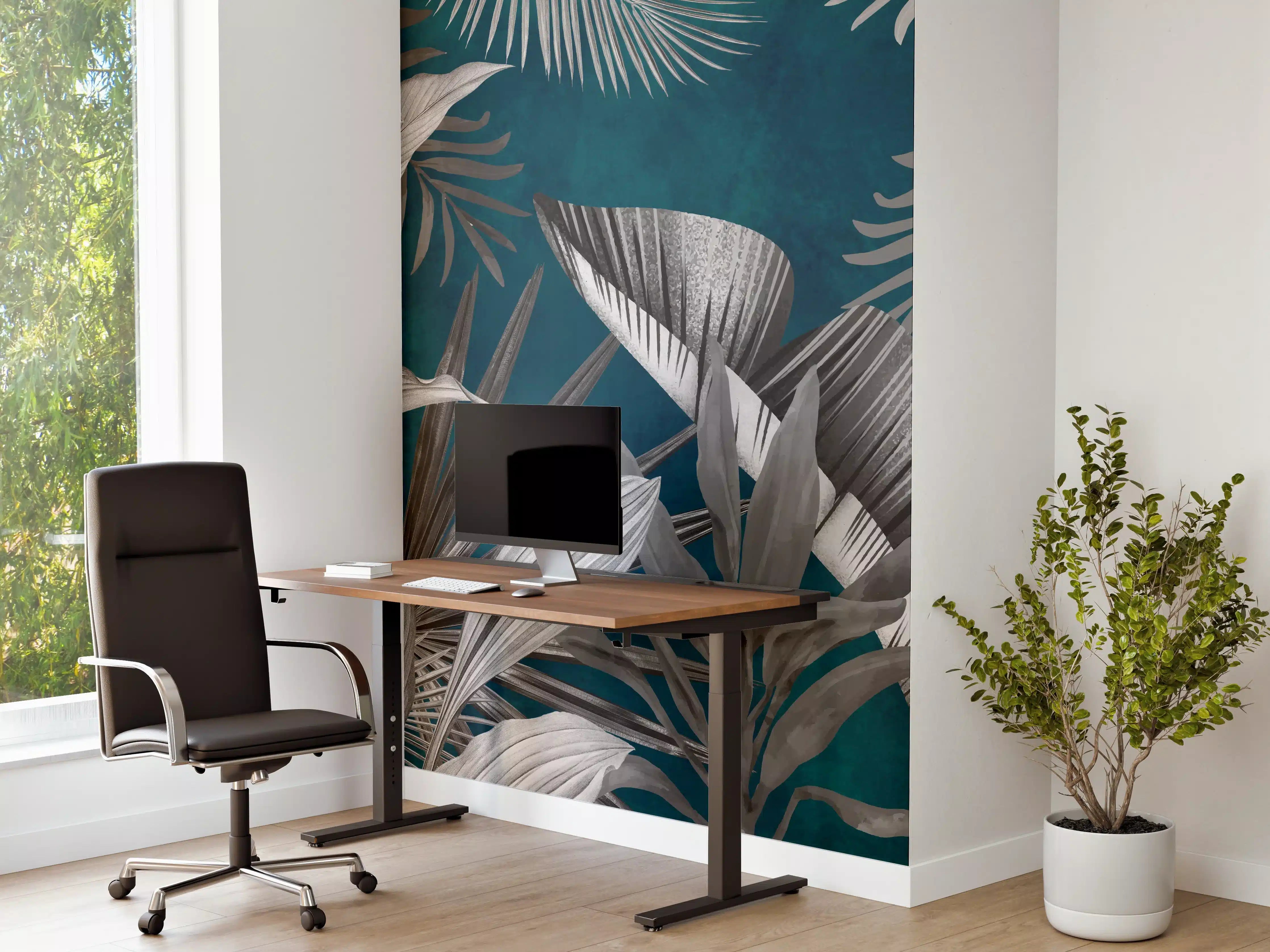 Büro Wandgestaltung - Graue Pflanzen auf blauem Hintergrund