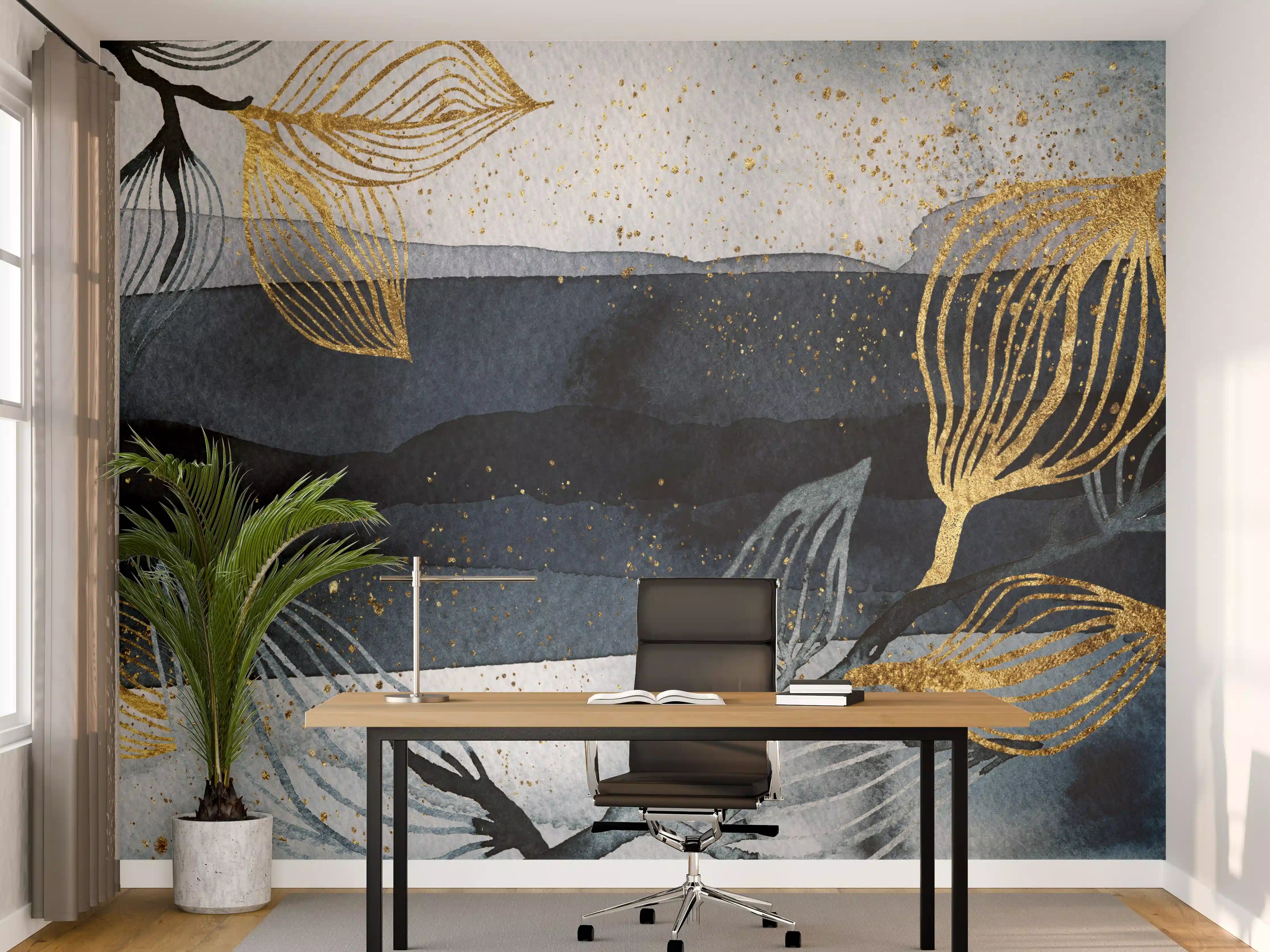 Büro Wandgestaltung - Graue Wasserfarben-Komposition in Blau und Gold