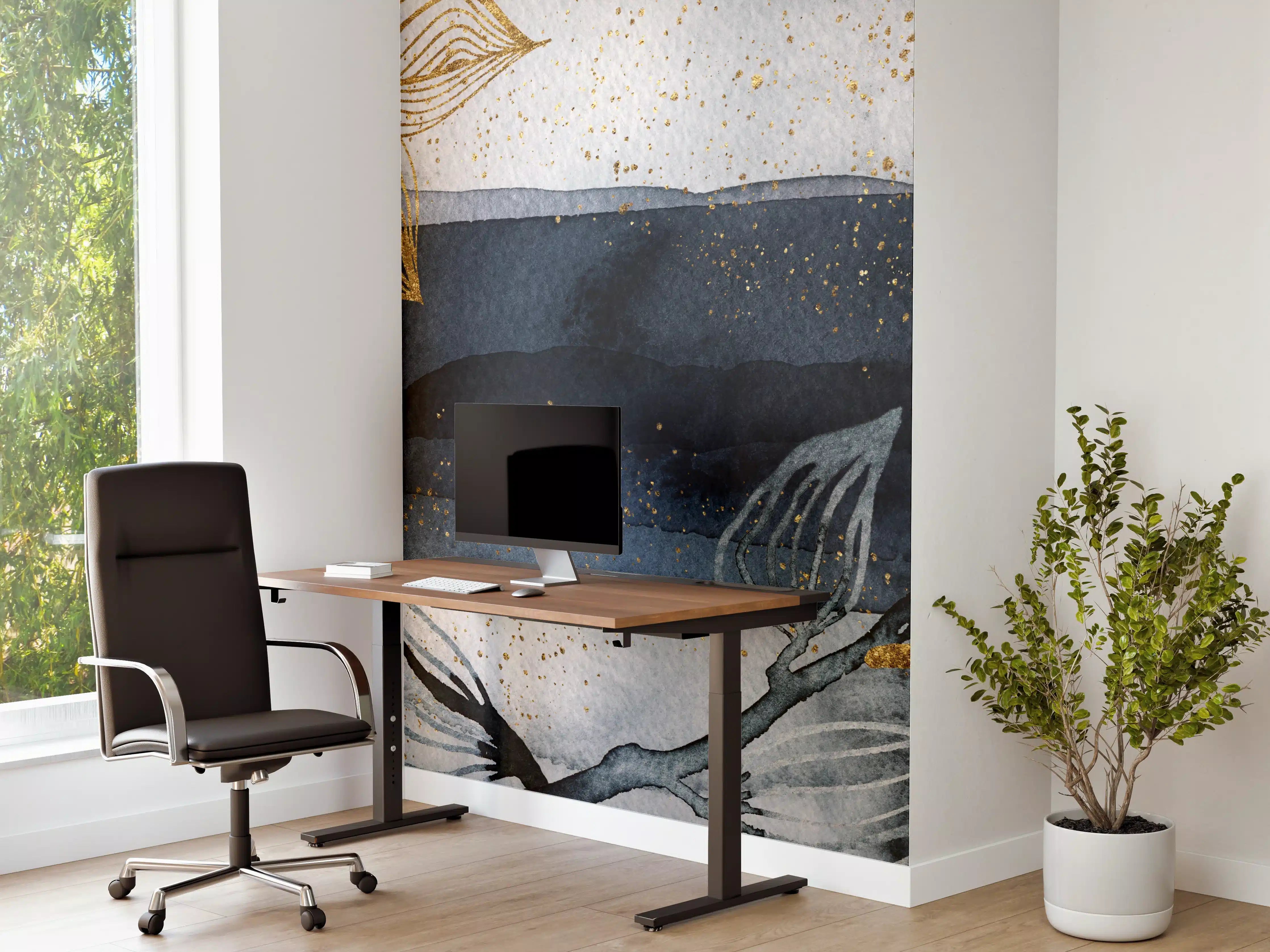 Büro Wandgestaltung - Graue Wasserfarben-Komposition in Blau und Gold