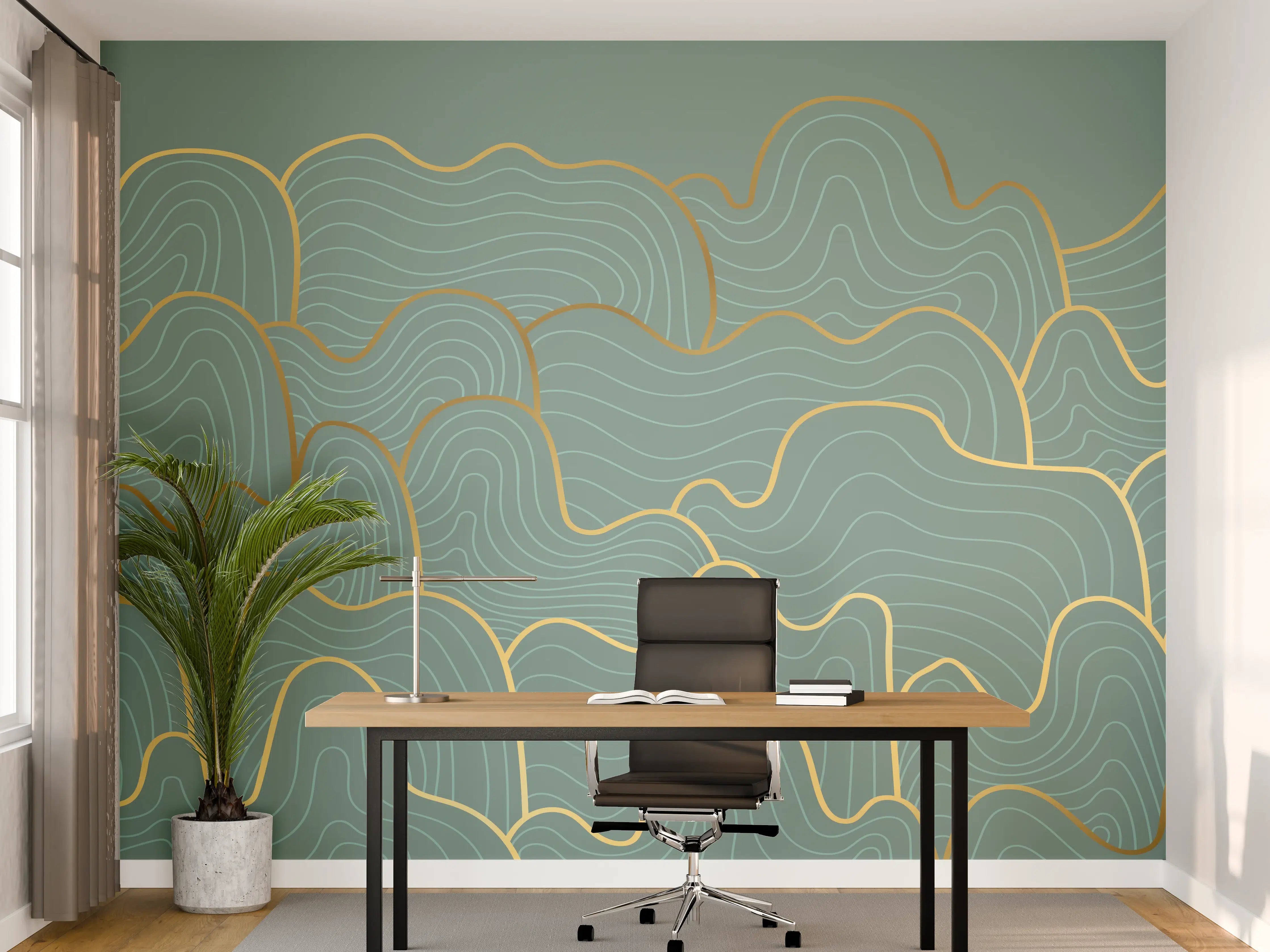 Büro Wandgestaltung - Graue Wellenlinien mit Goldakzent