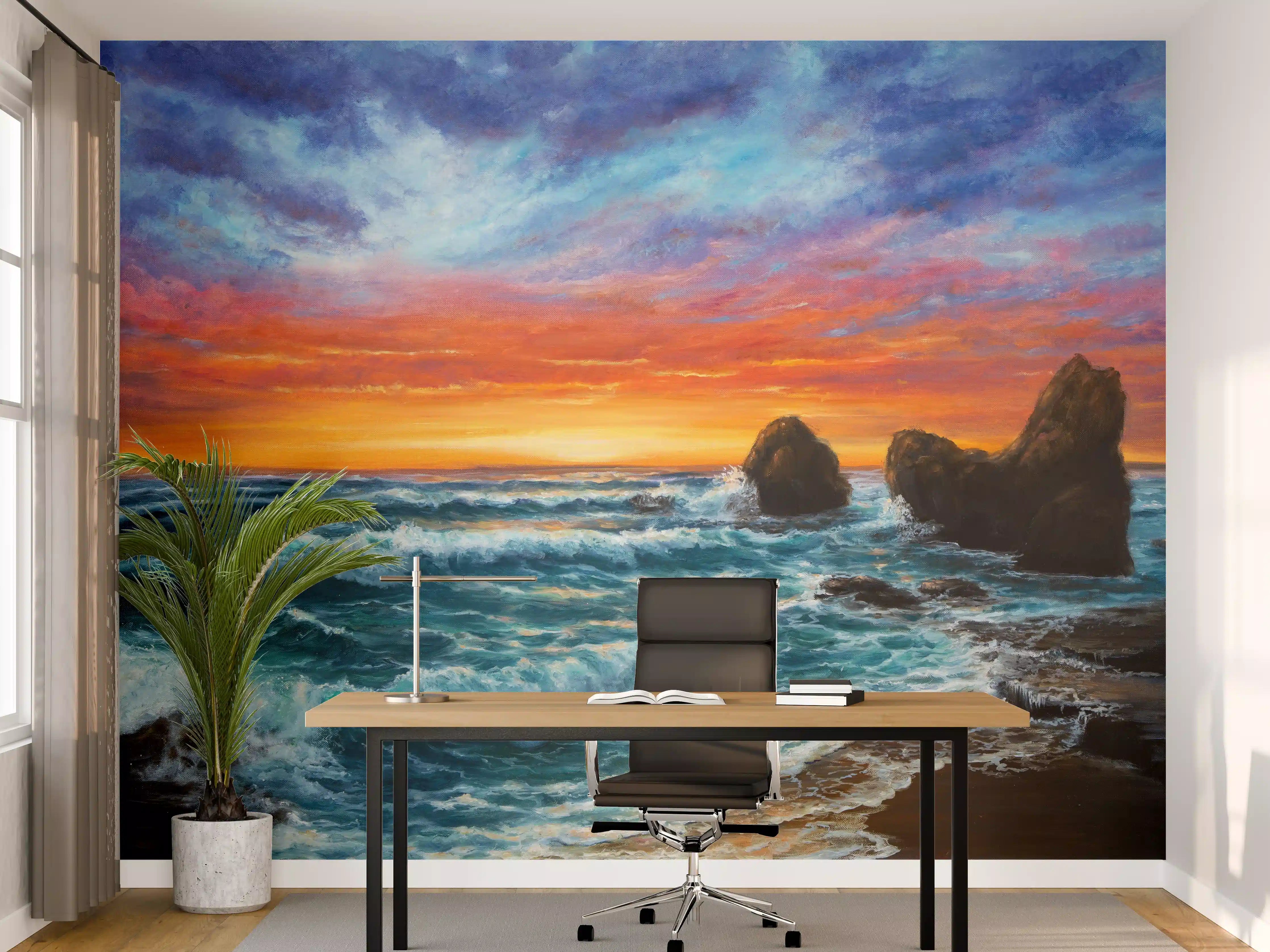 Büro Wandgestaltung - Grauer Abend am Meeresfelsen