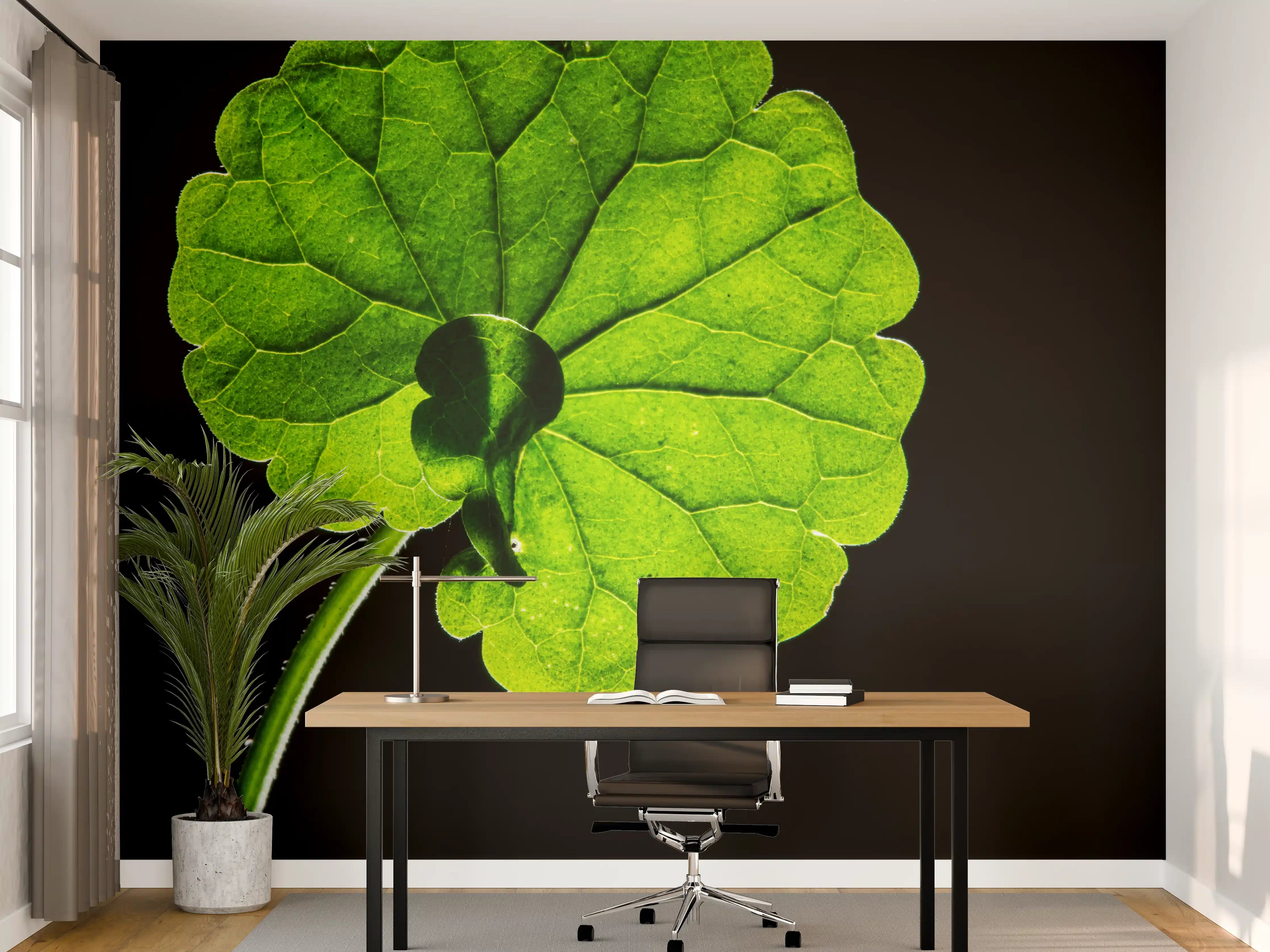 Büro Wandgestaltung - Graues Blattsilhouette auf dunklem Grund
