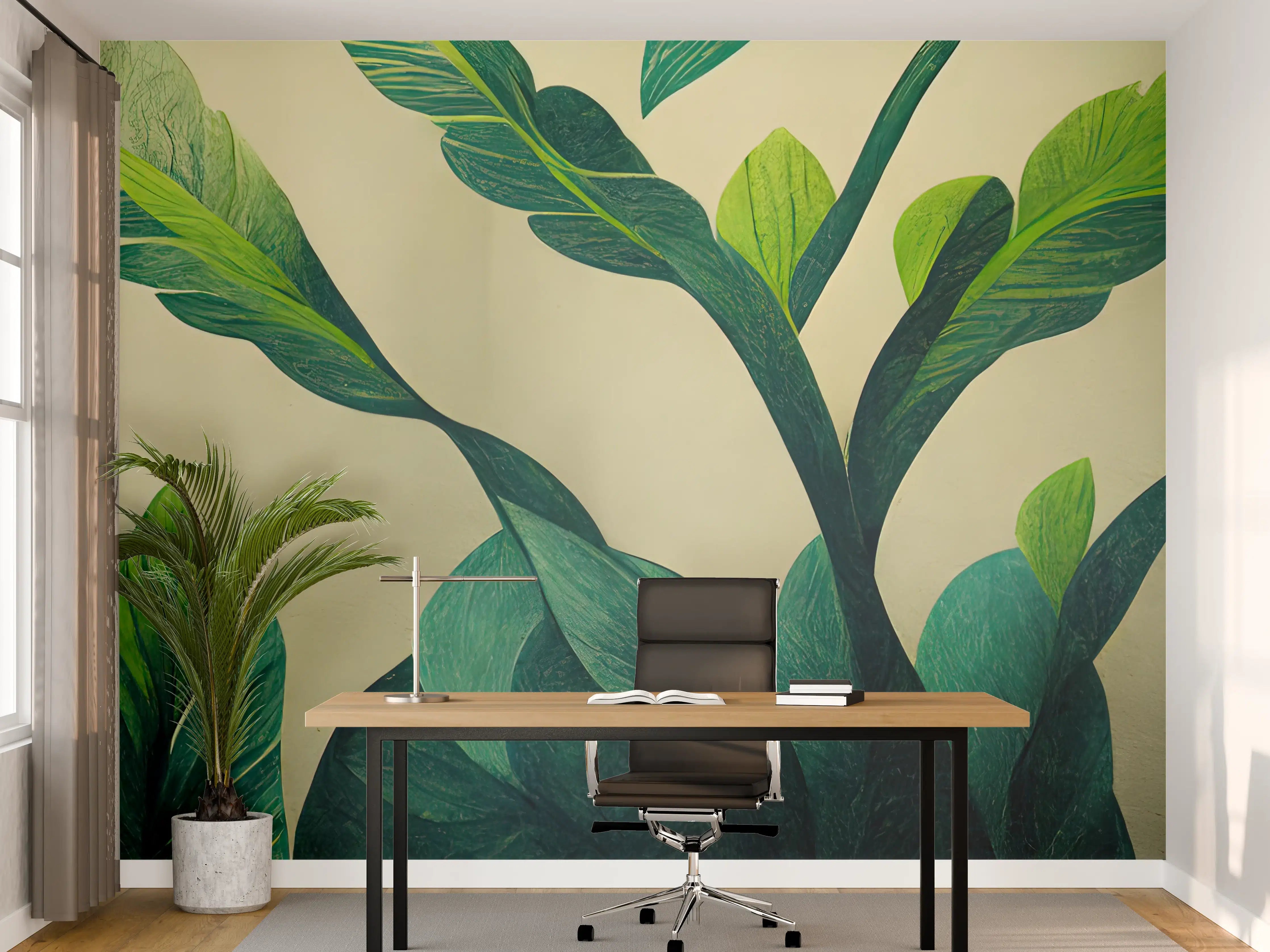Büro Wandgestaltung - Grüne Blätter Wanddesign mit Botanischem Flair