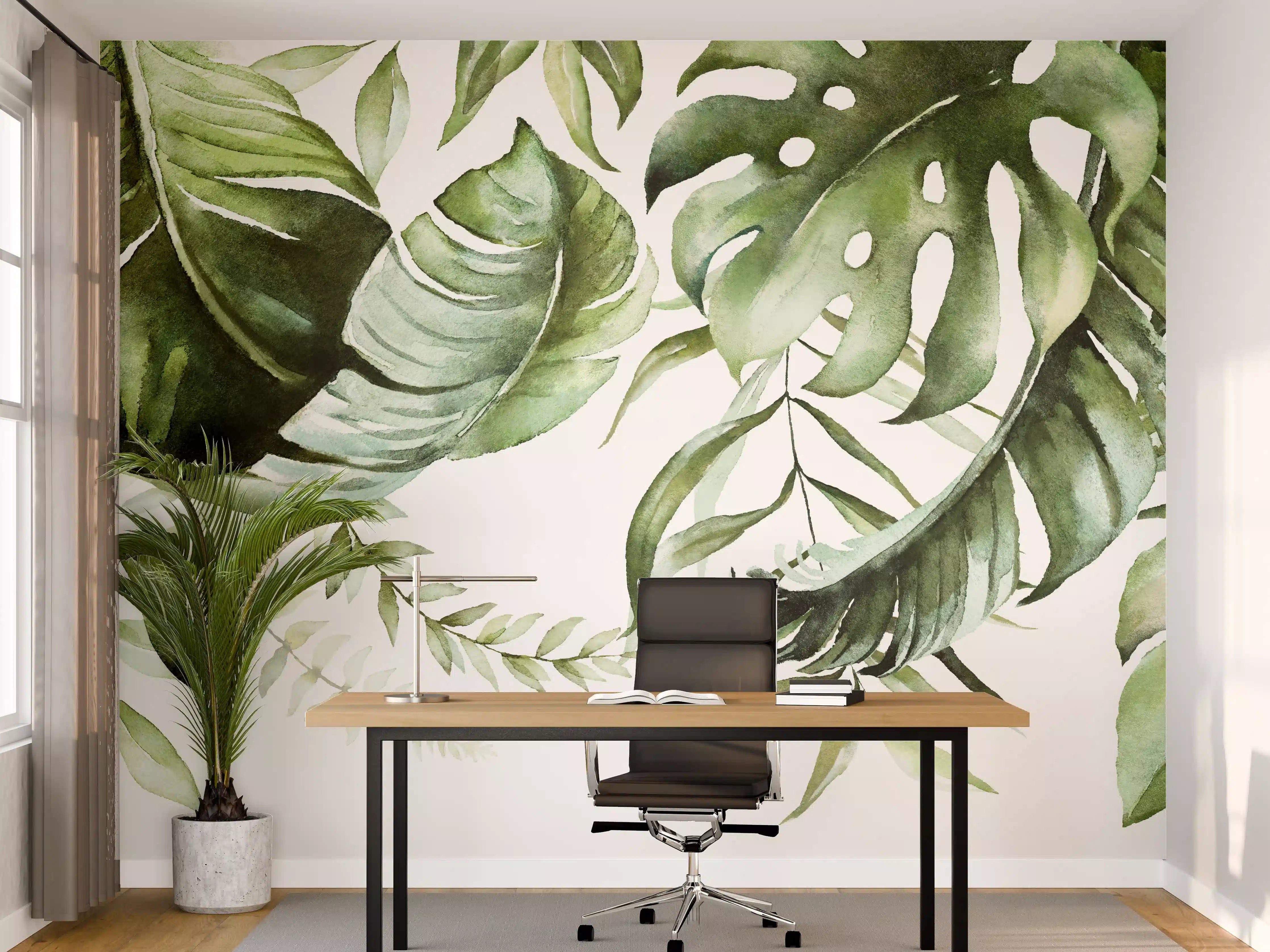 Büro Wandgestaltung - Grüne Tropenblätter Aquarell