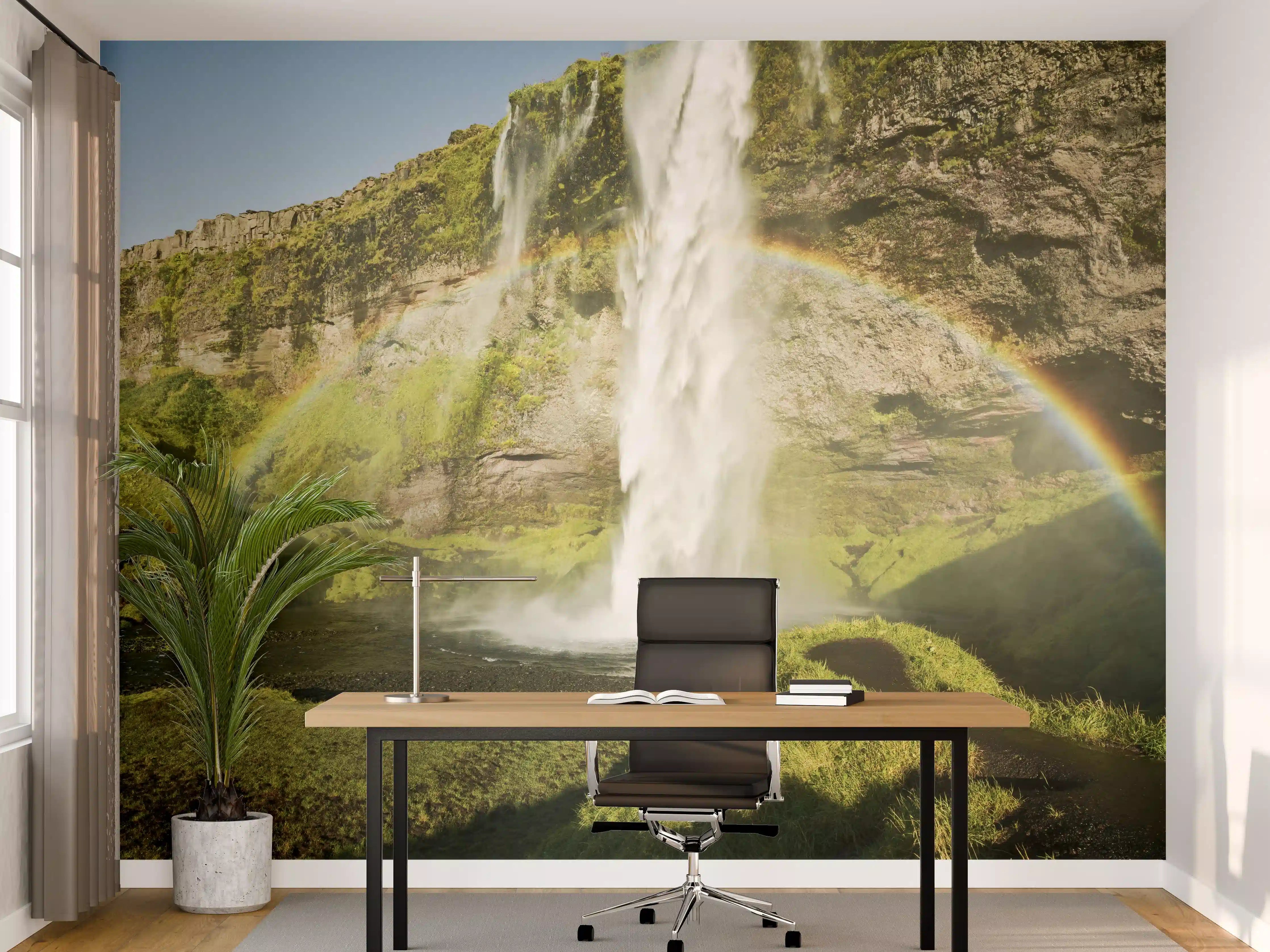 Büro Wandgestaltung - Grüne Wasserfall-Landschaft mit Regenbogen