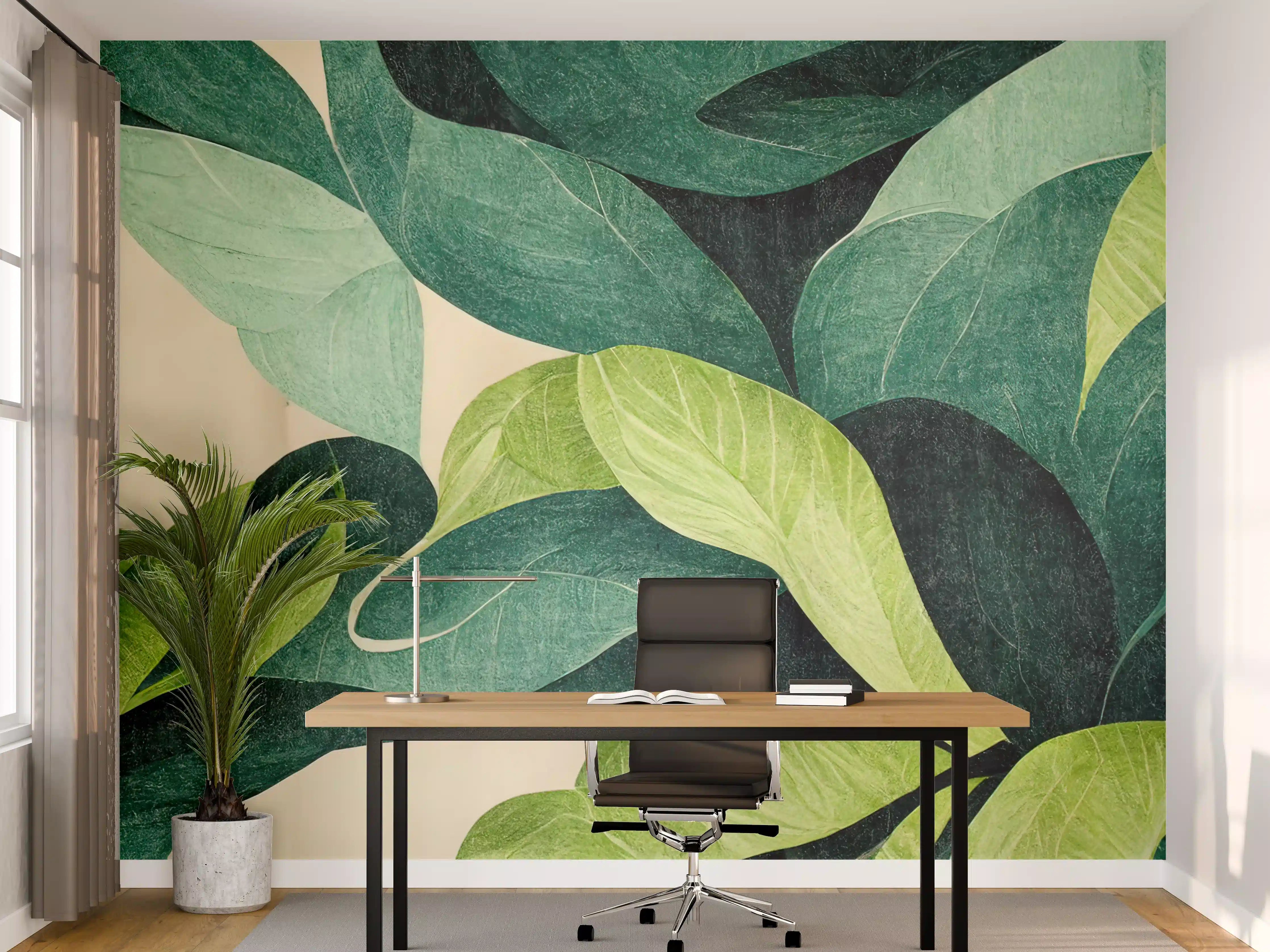 Büro Wandgestaltung - Grünes Blattmuster mit Naturfarben