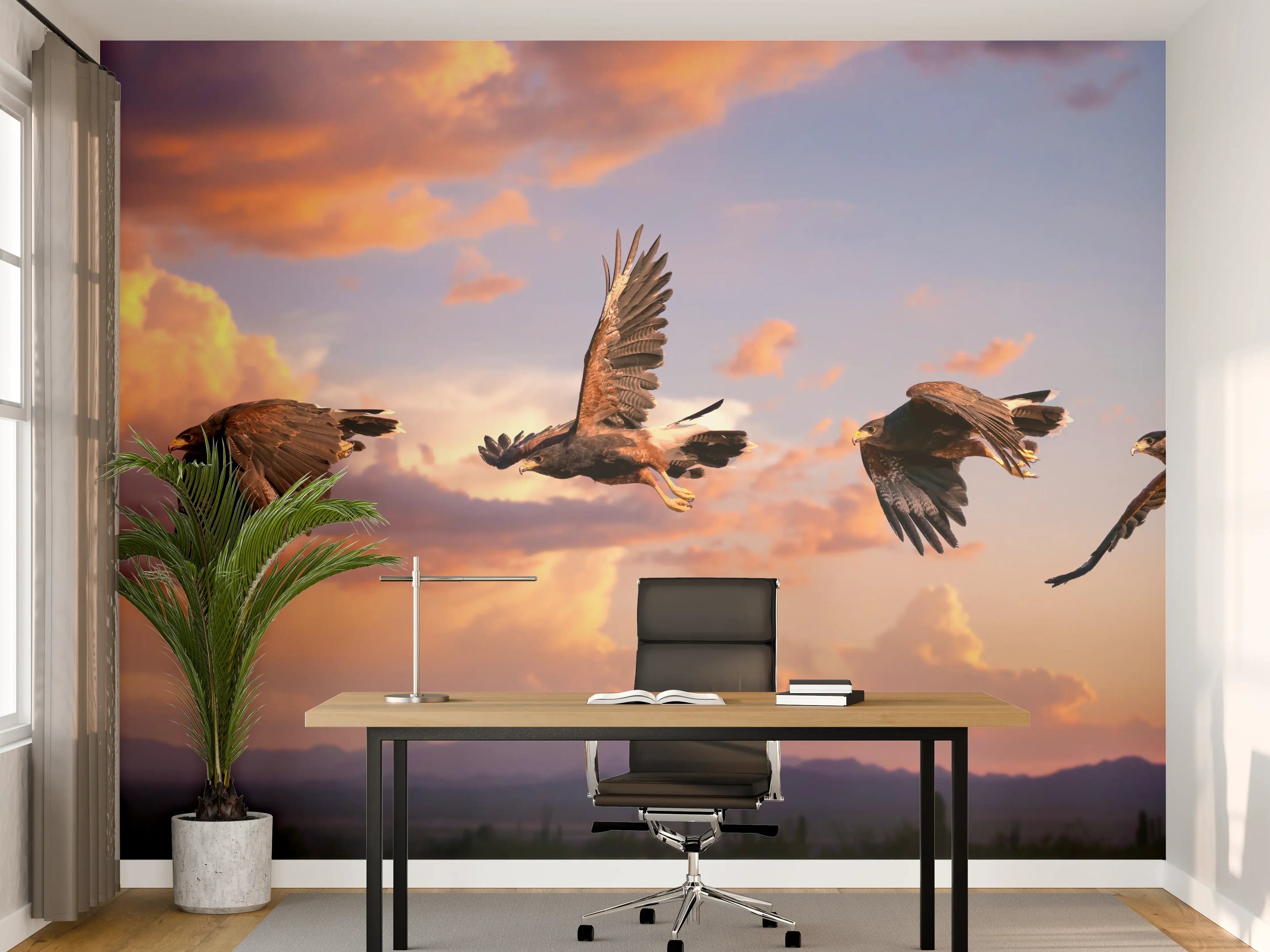 Büro Wandgestaltung - Harris Hawk im Flug Blauhimmel