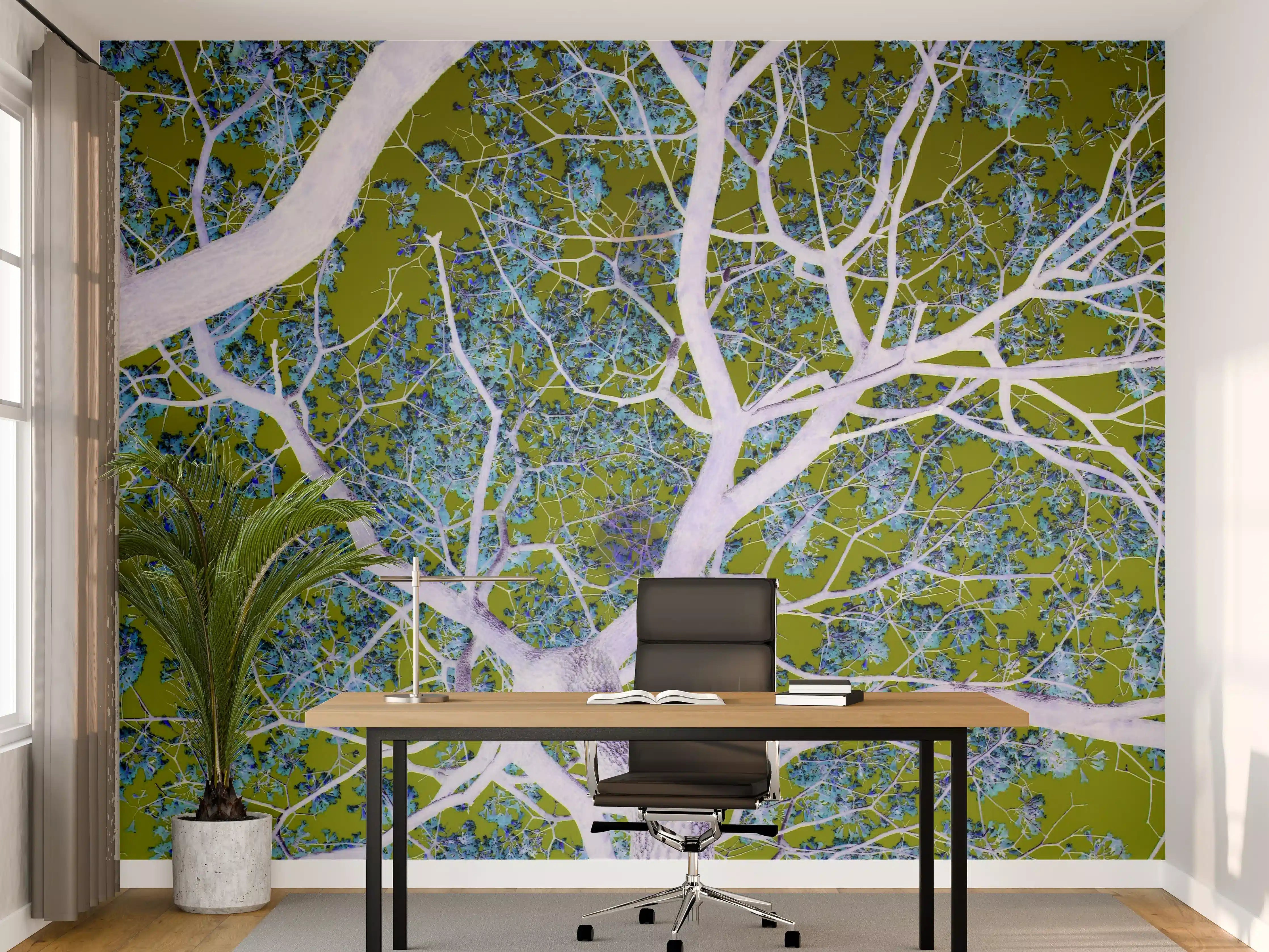 Büro Wandgestaltung - Heller Baum mit grünen Blättern und blauen Himmel