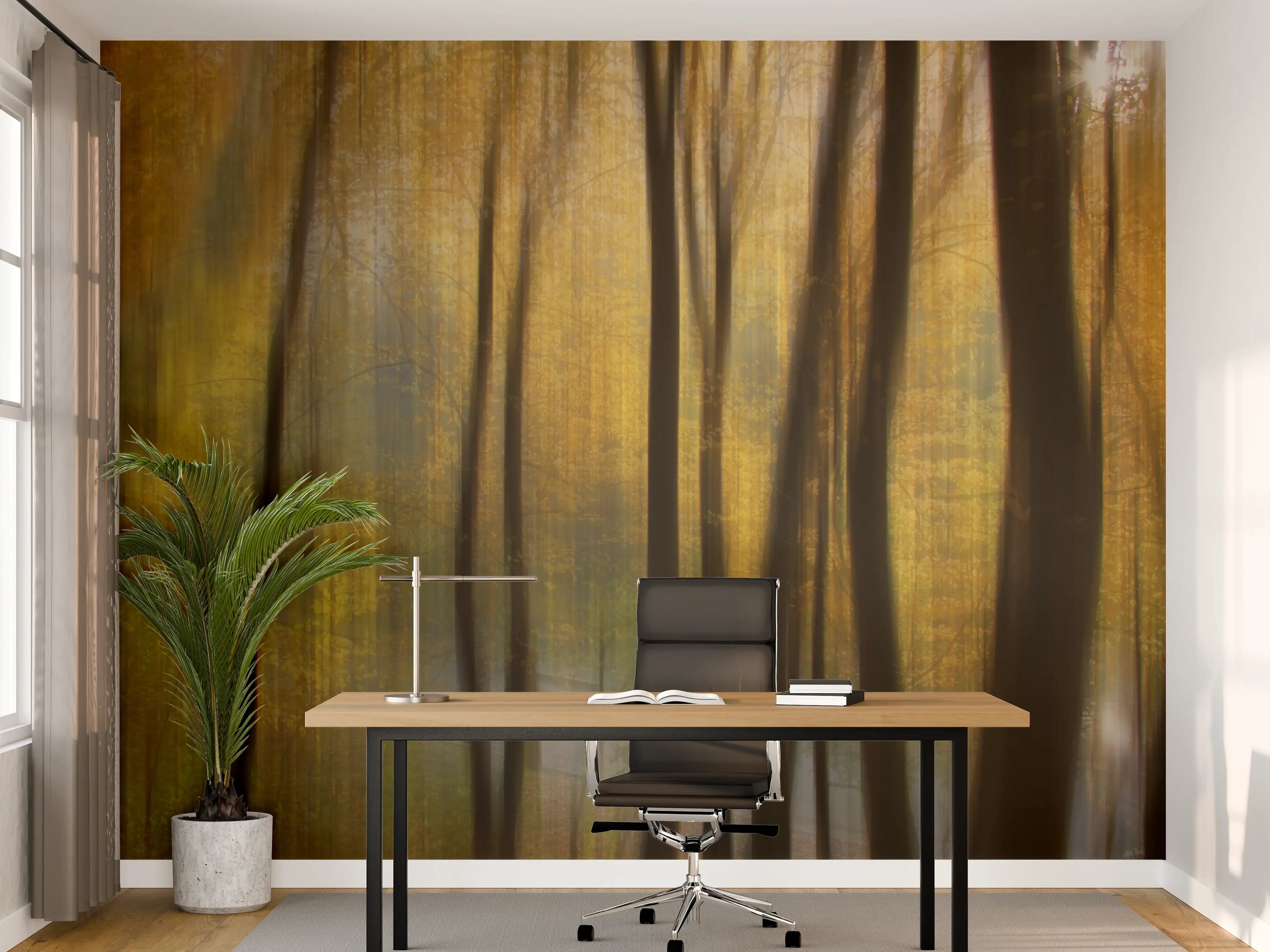 Büro Wandgestaltung - Herbstlicher Waldspaziergang mit goldenen Blättern