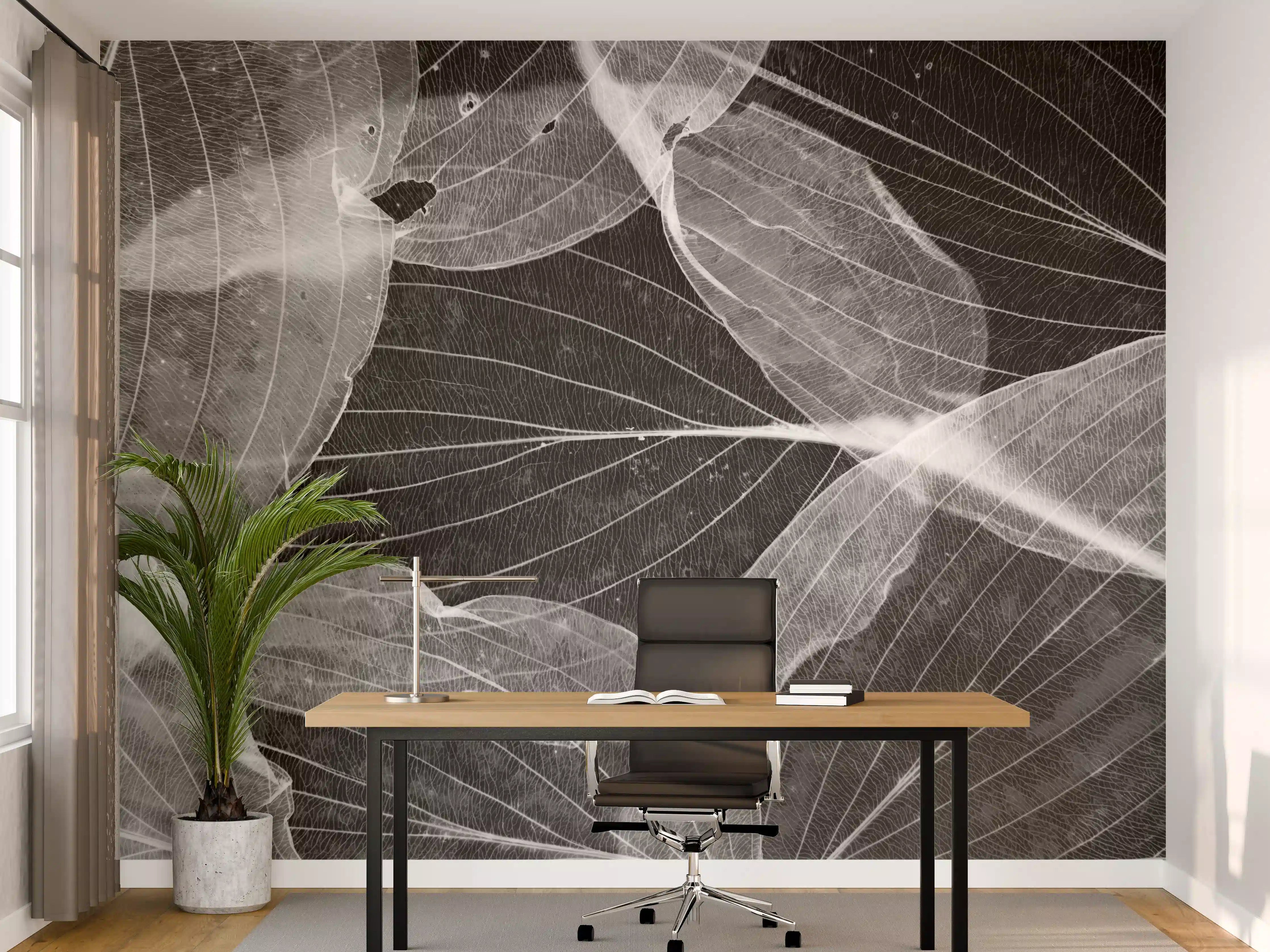 Büro Wandgestaltung - Herbstliches Blatt Schwarz-Weiß Makro