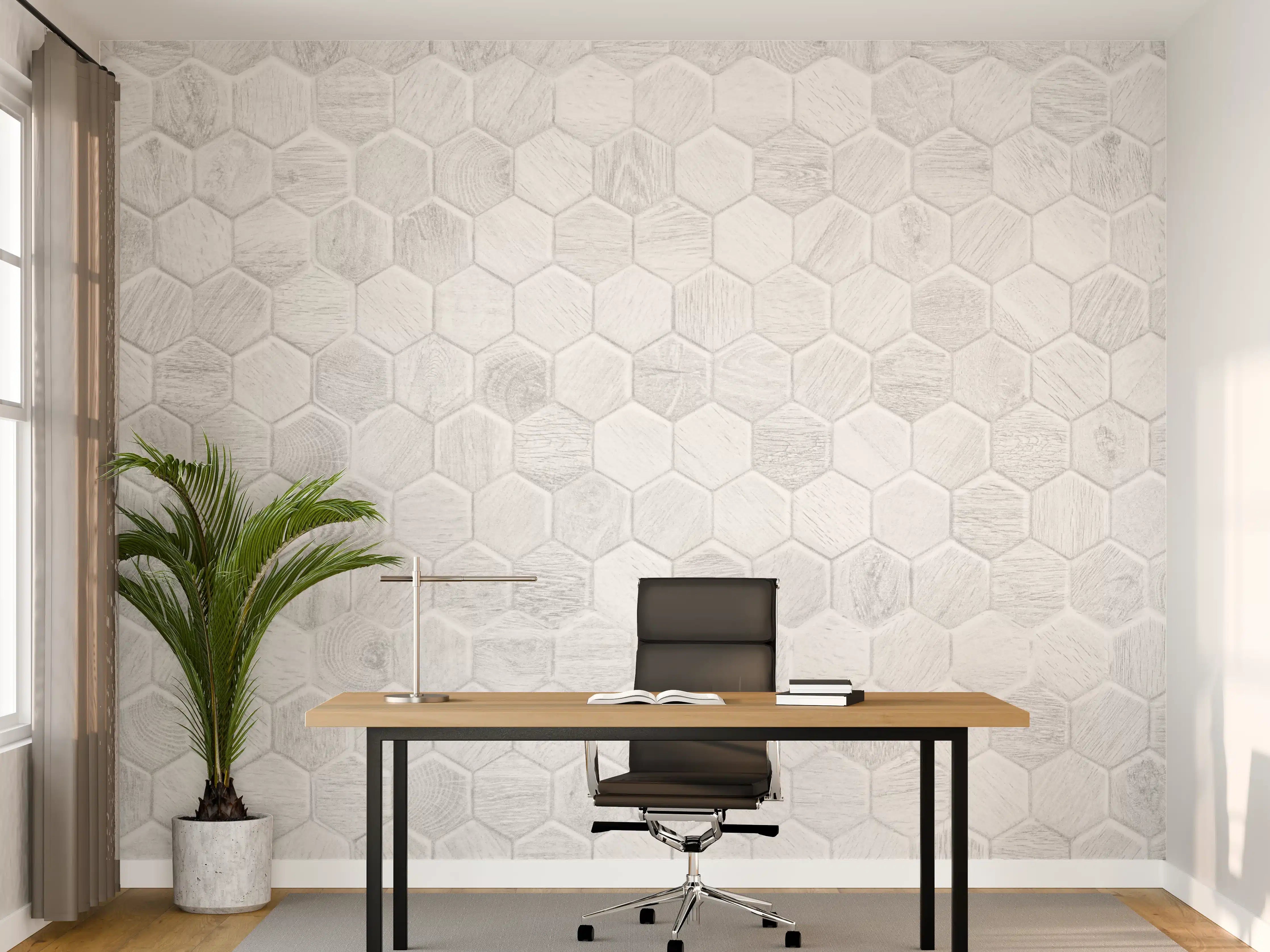Büro Wandgestaltung - Hexagon-Holzpaneele Grau-Weiß