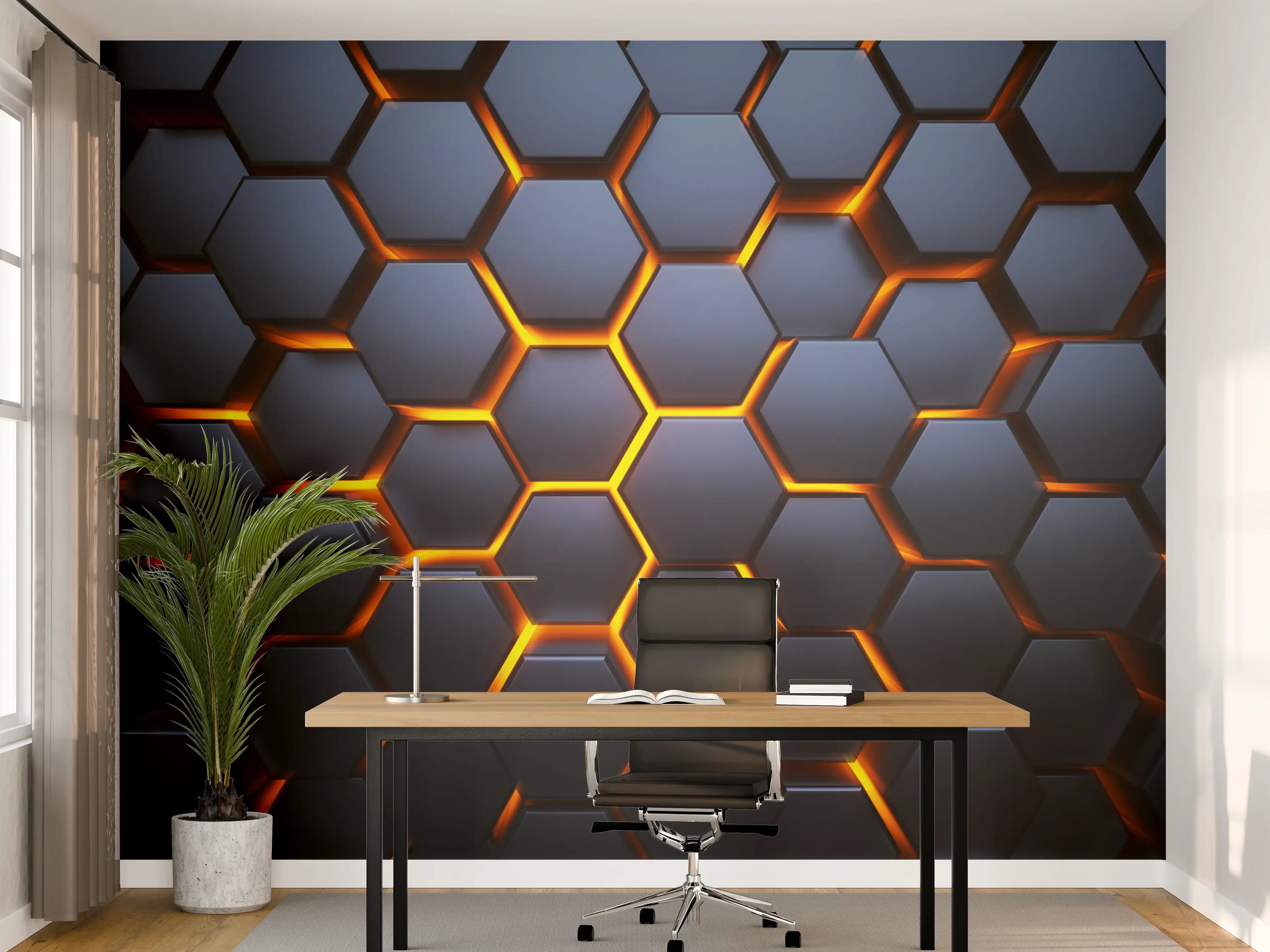 Büro Wandgestaltung - Hexagon-Muster in Blau-Orange
