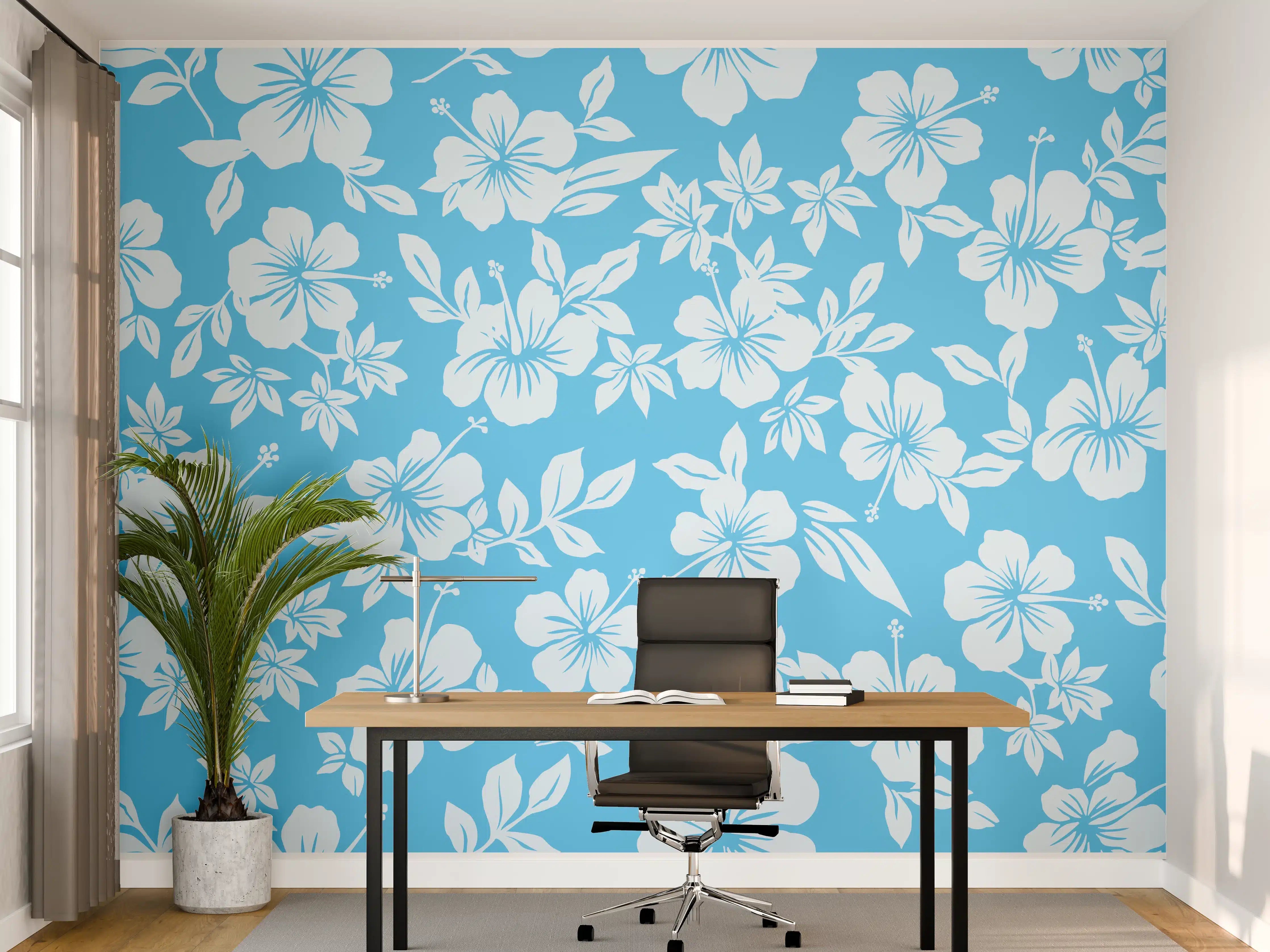 Büro Wandgestaltung - Hibiskus-Muster Hellblau
