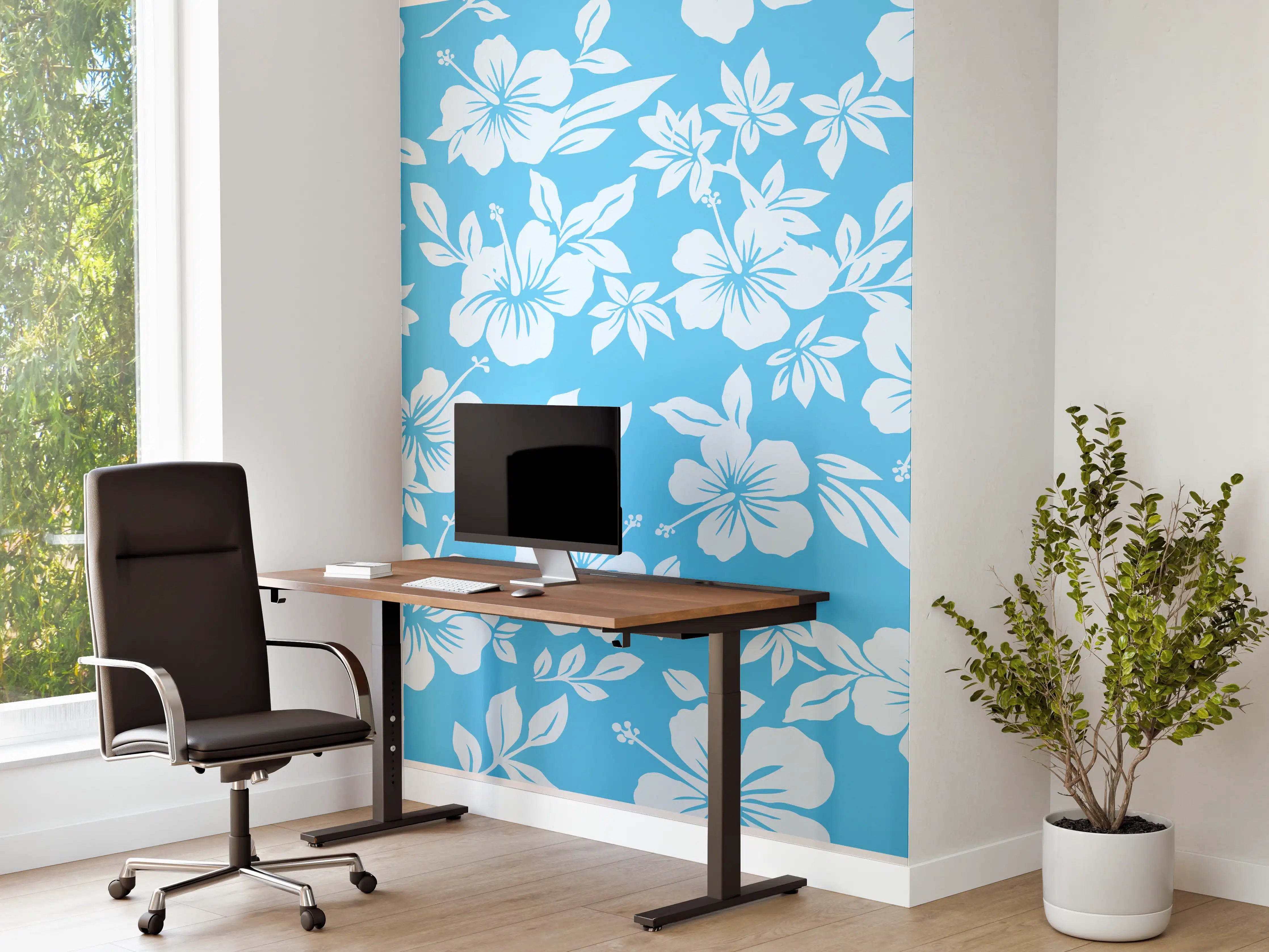 Büro Wandgestaltung - Hibiskus-Muster Hellblau