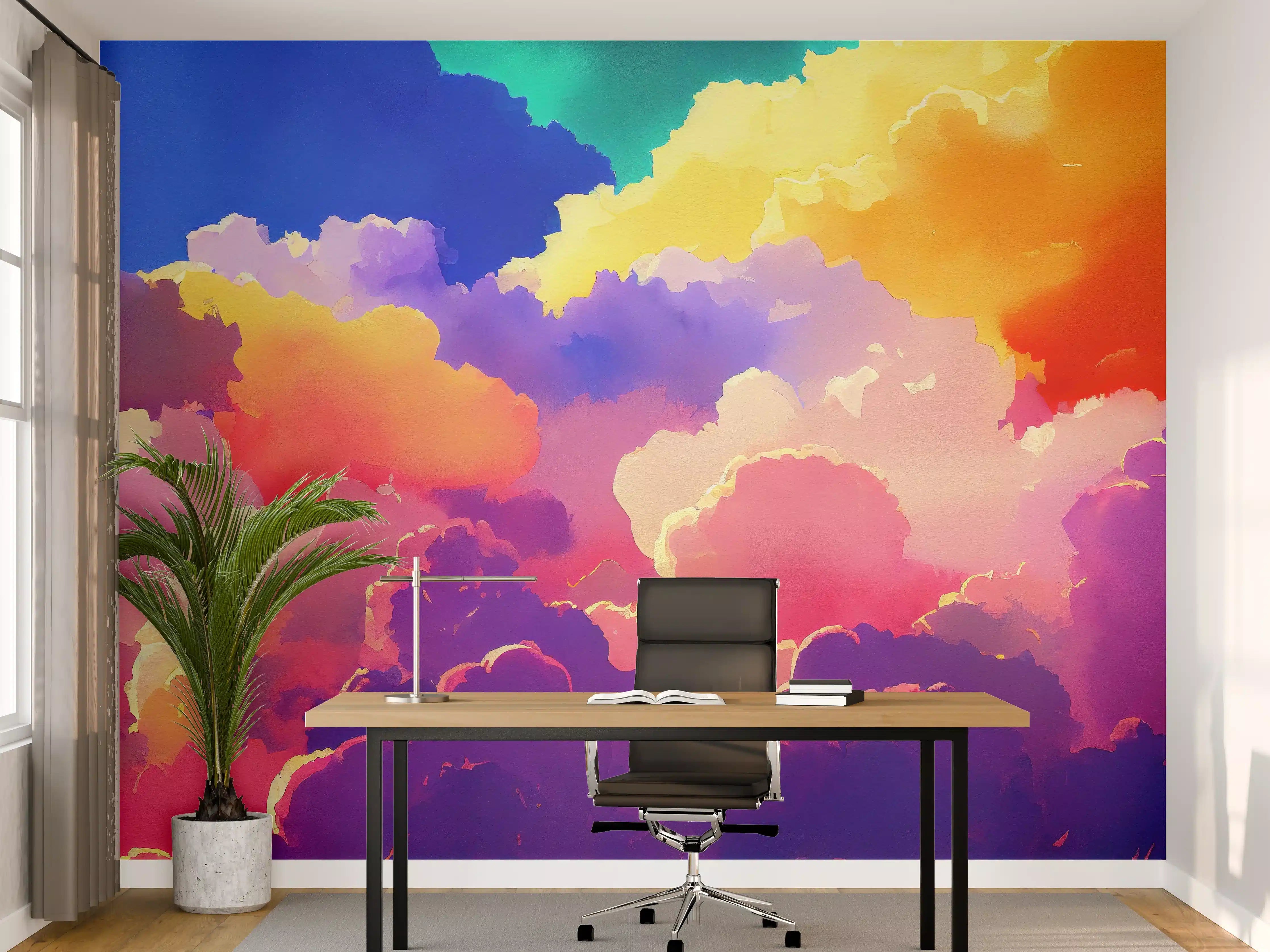 Büro Wandgestaltung - Himmel mit Wolken. Aquarell Illustration von farbigen Wolken.