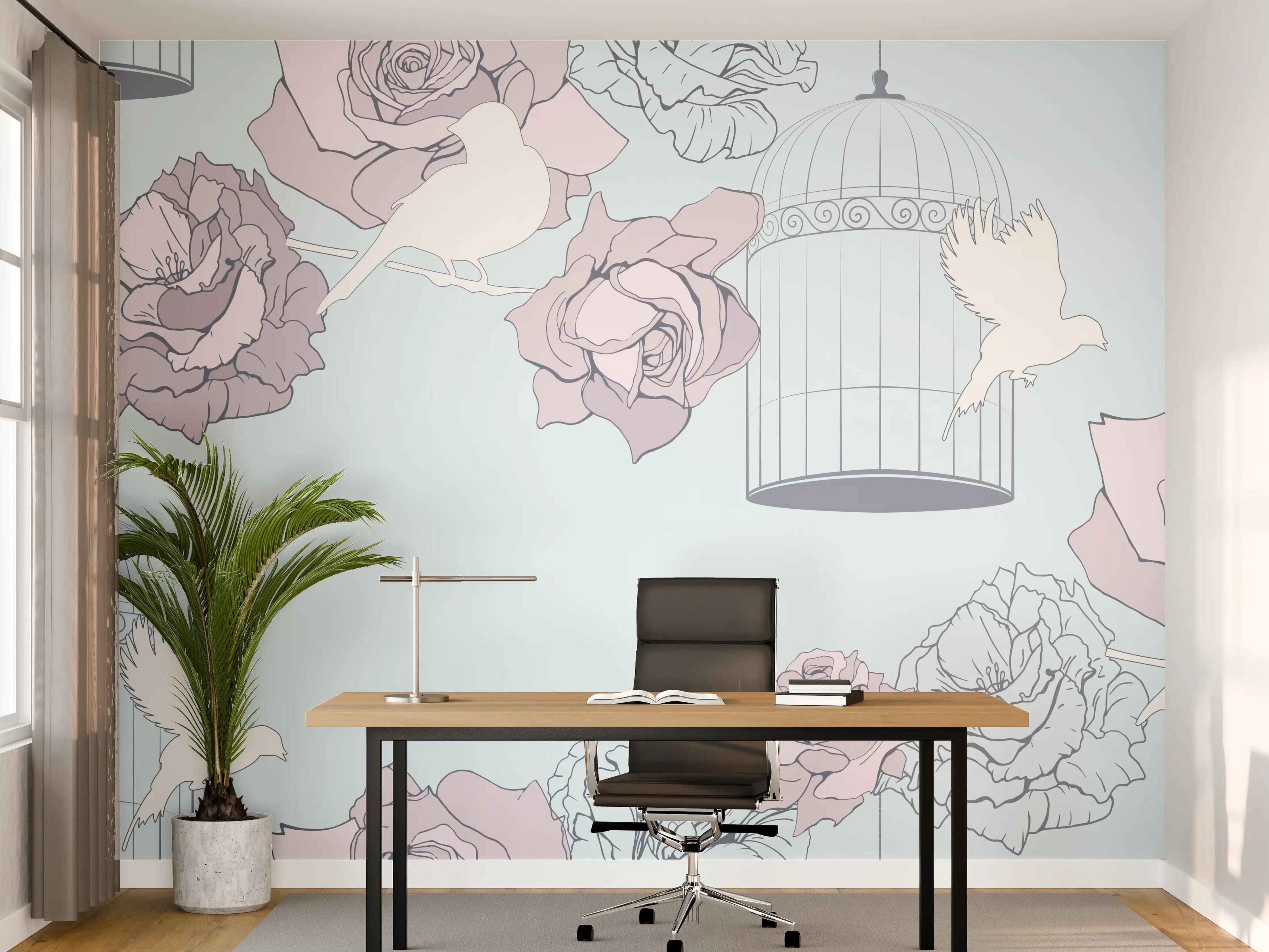 Büro Wandgestaltung - Himmlische Rosen und Vögel in Pastell