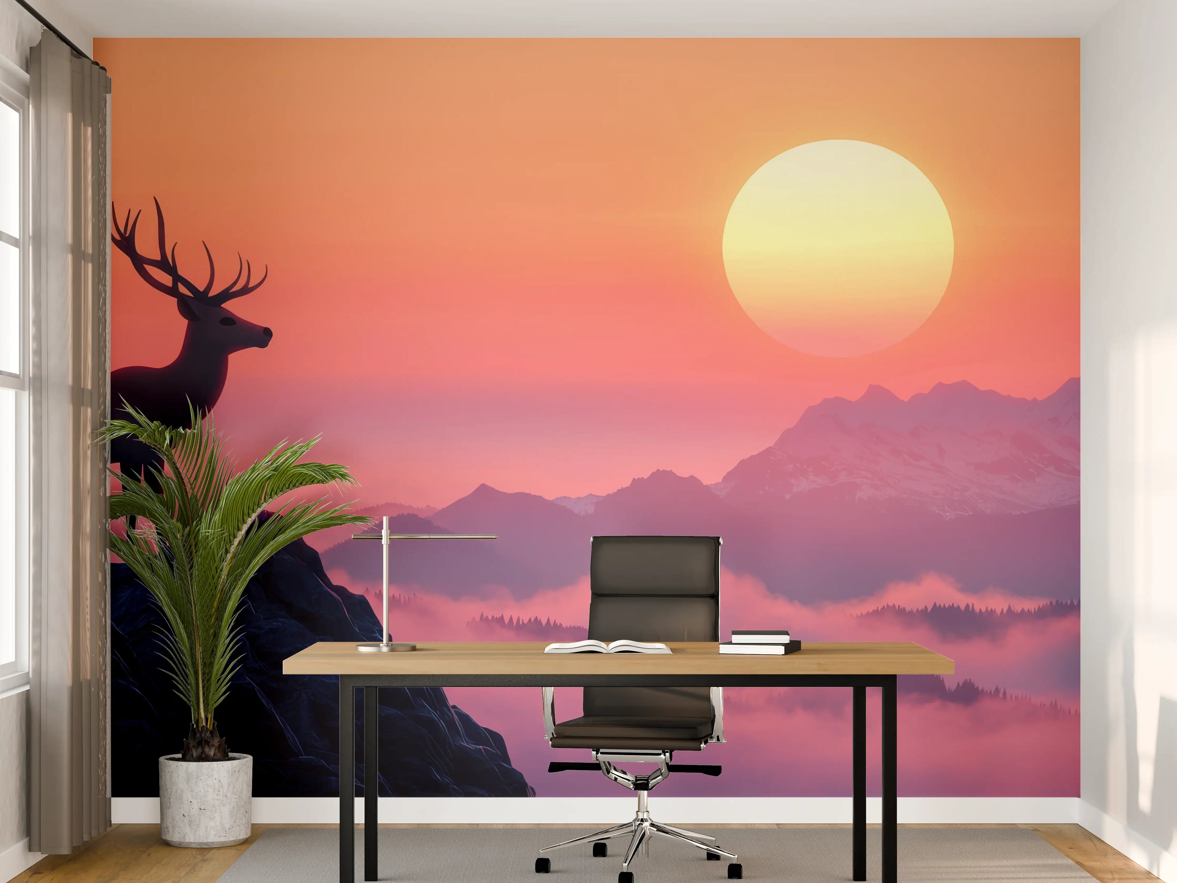 Büro Wandgestaltung - Hirsch-Silhouette Sonnenaufgang Orange-Pink