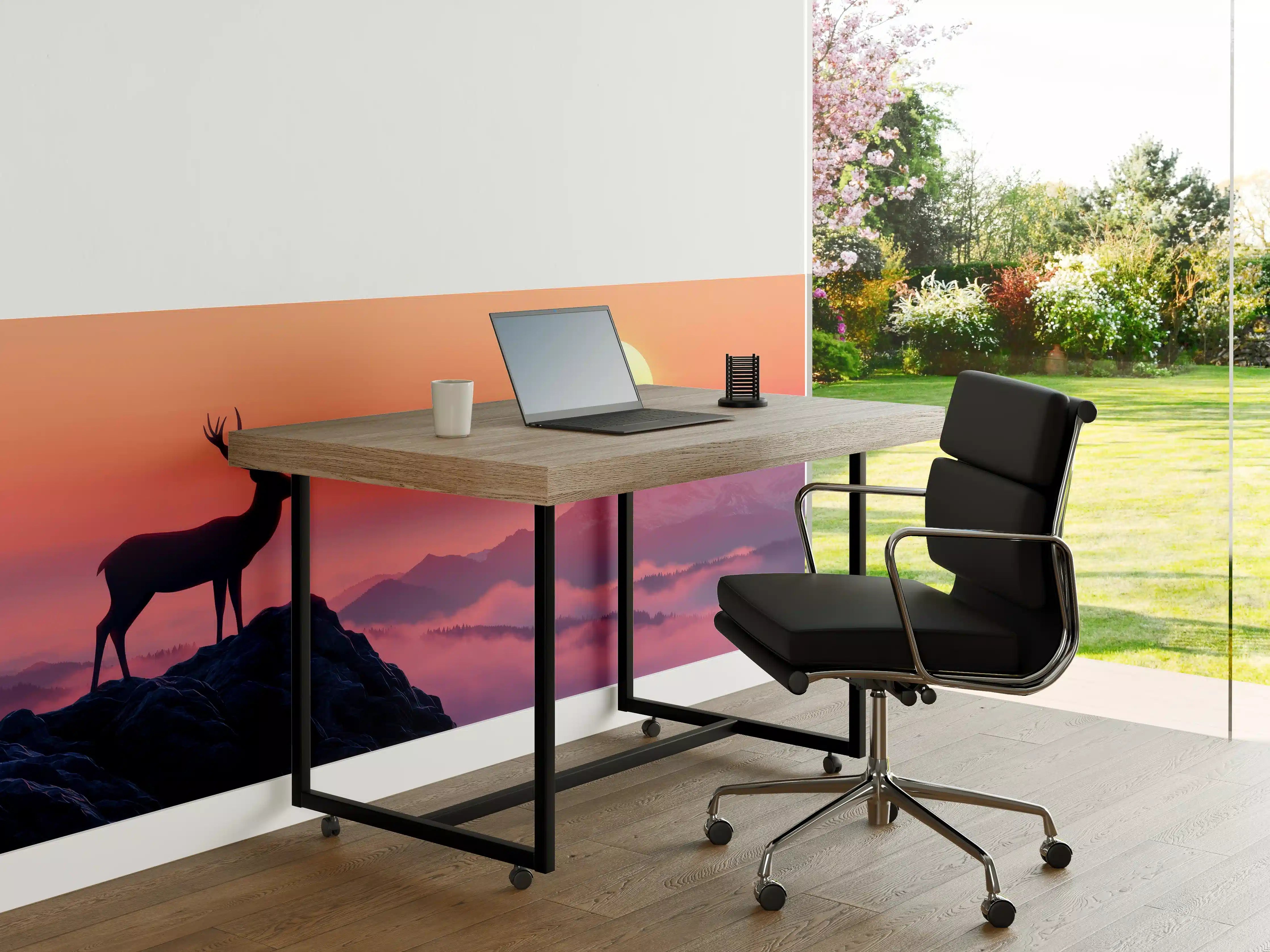 Büro Wandgestaltung - Hirsch-Silhouette Sonnenaufgang Orange-Pink