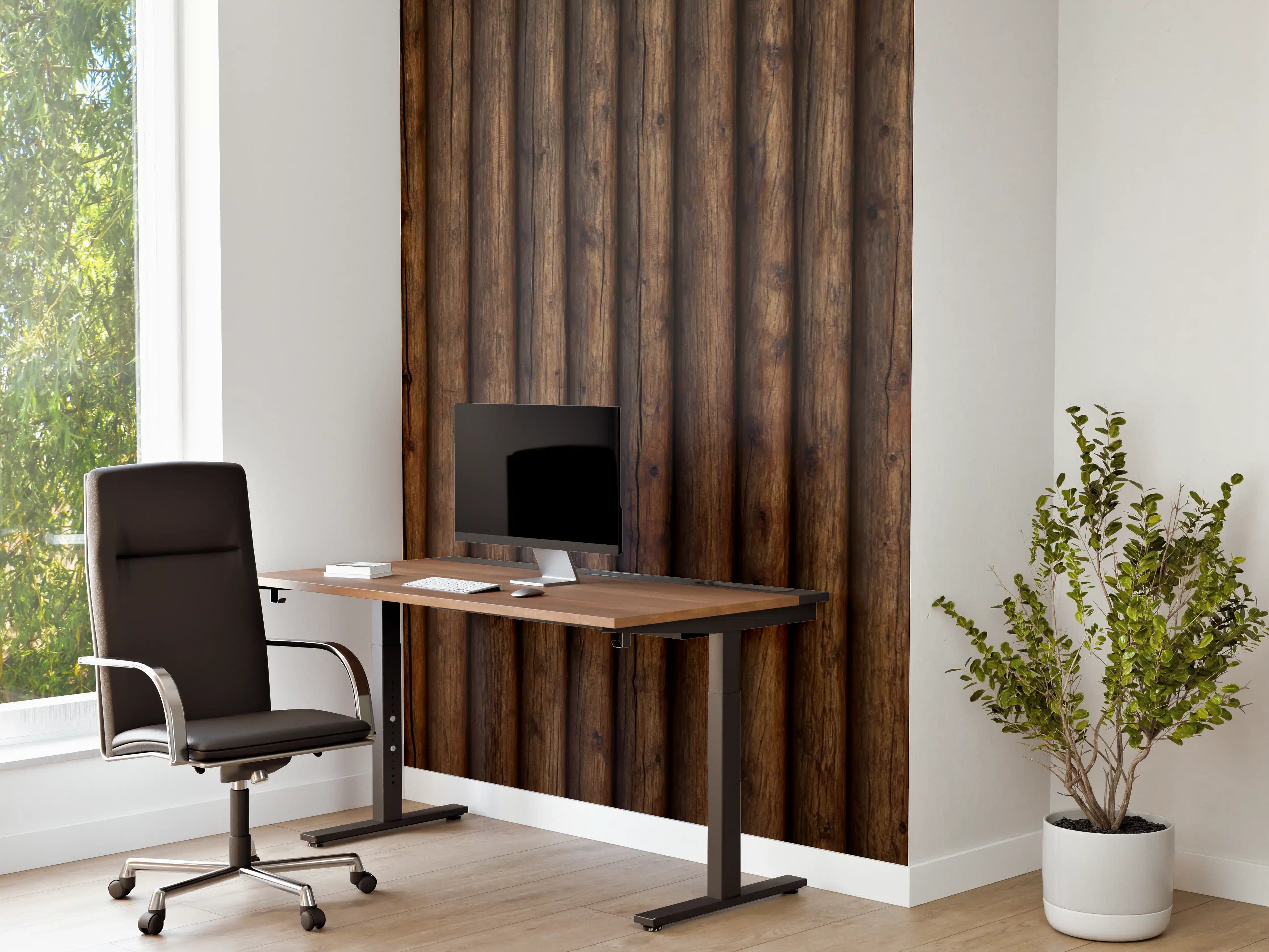 Büro Wandgestaltung - Holzpaneele in dunkler, naturbelassener Optik