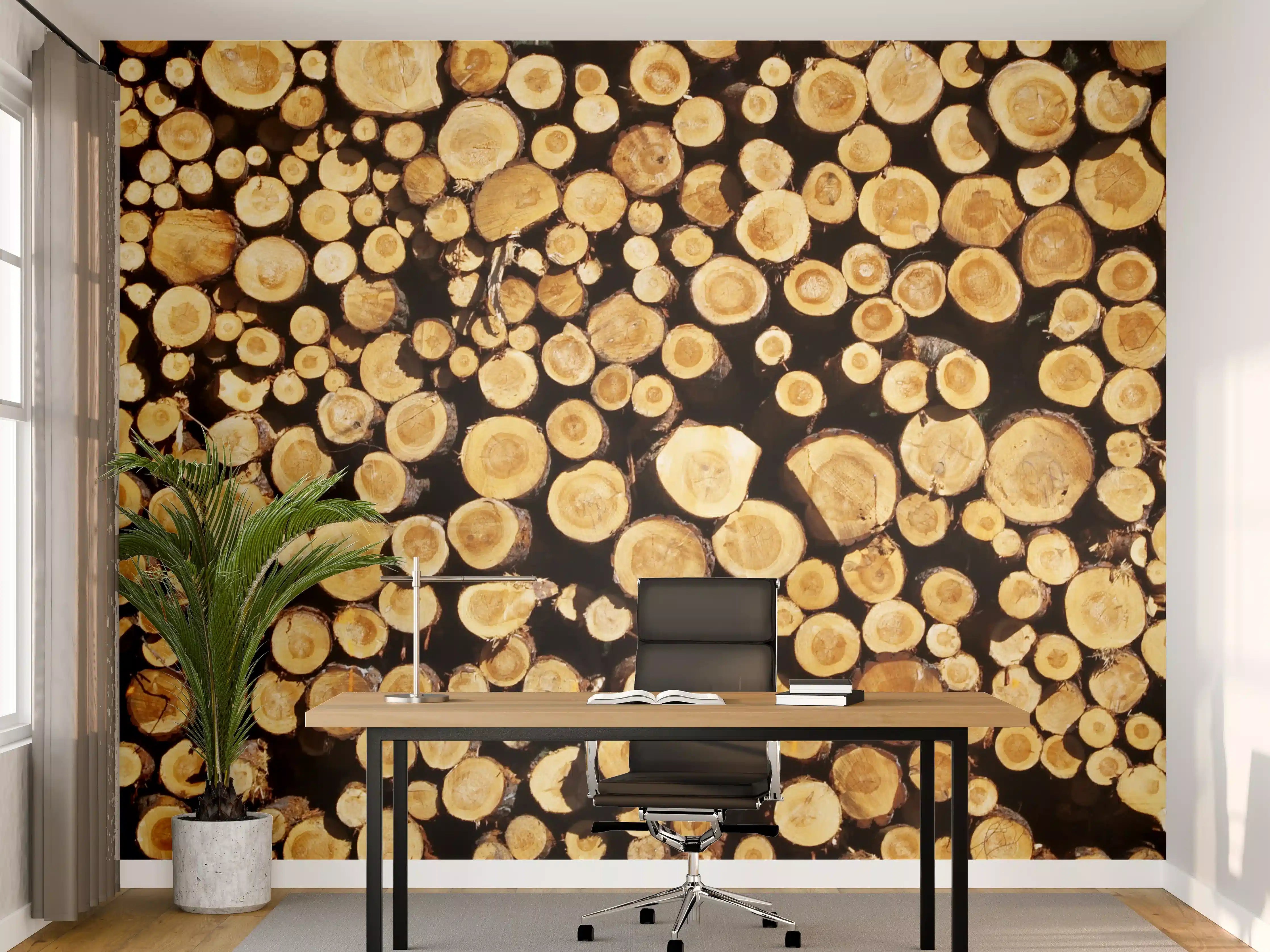 Büro Wandgestaltung - Holzstämme mit natürliche Textur und warmen Farben