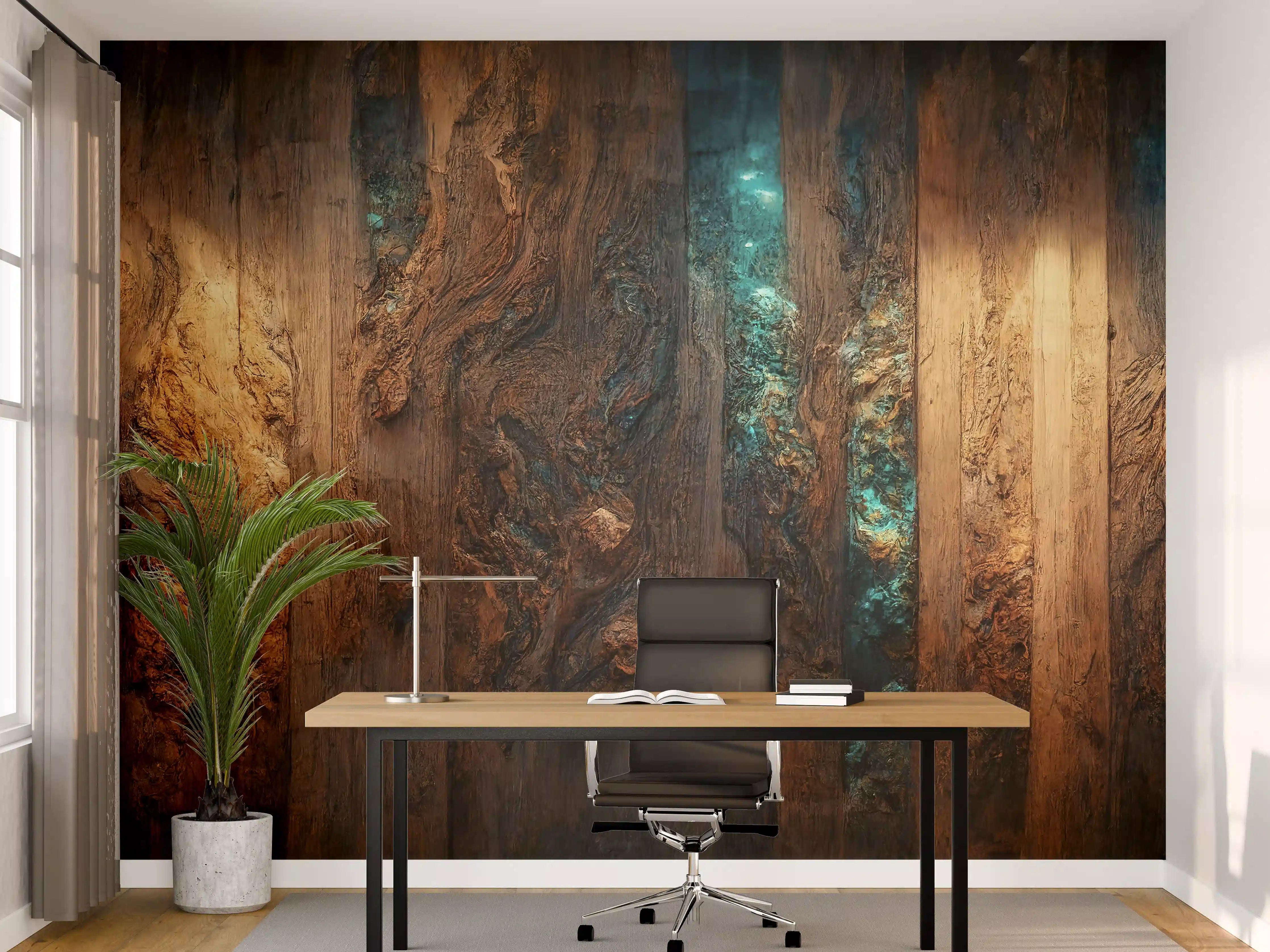 Büro Wandgestaltung - Holztisch mit blauen Epoxidharz