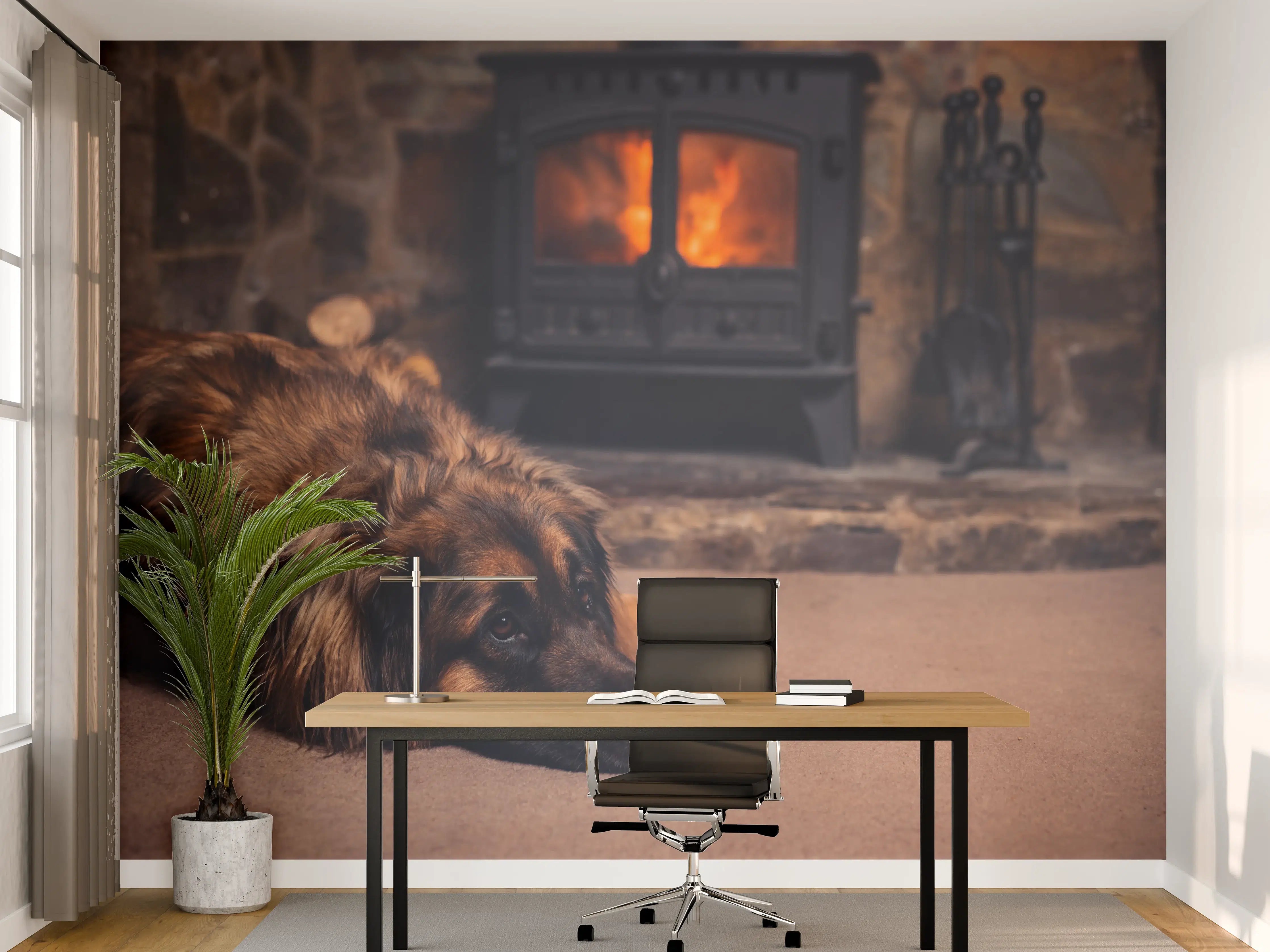 Büro Wandgestaltung - Hund entspannt am Feuer