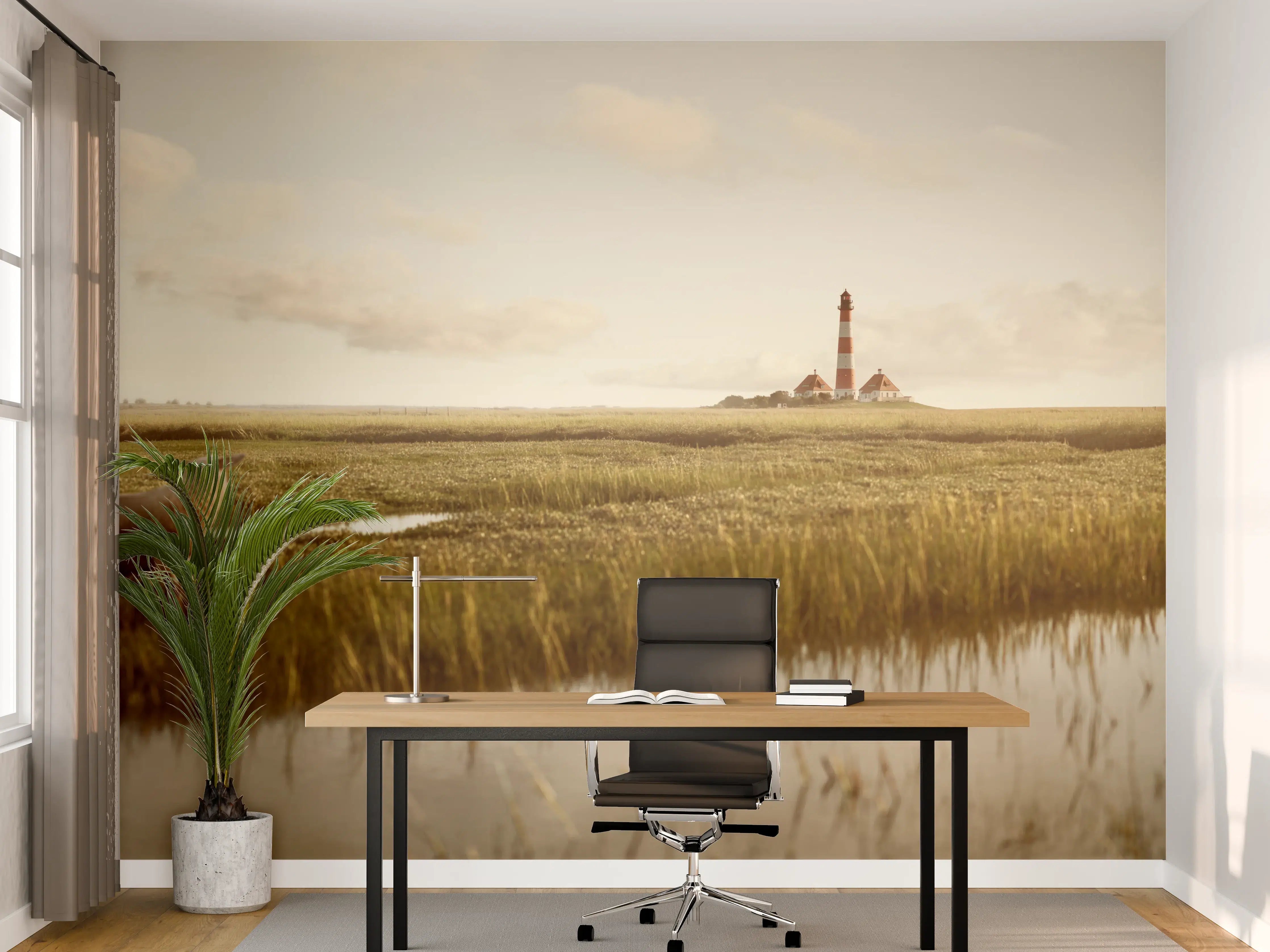 Büro Wandgestaltung - Idyllische Landschaft mit Leuchtturm und Schafen