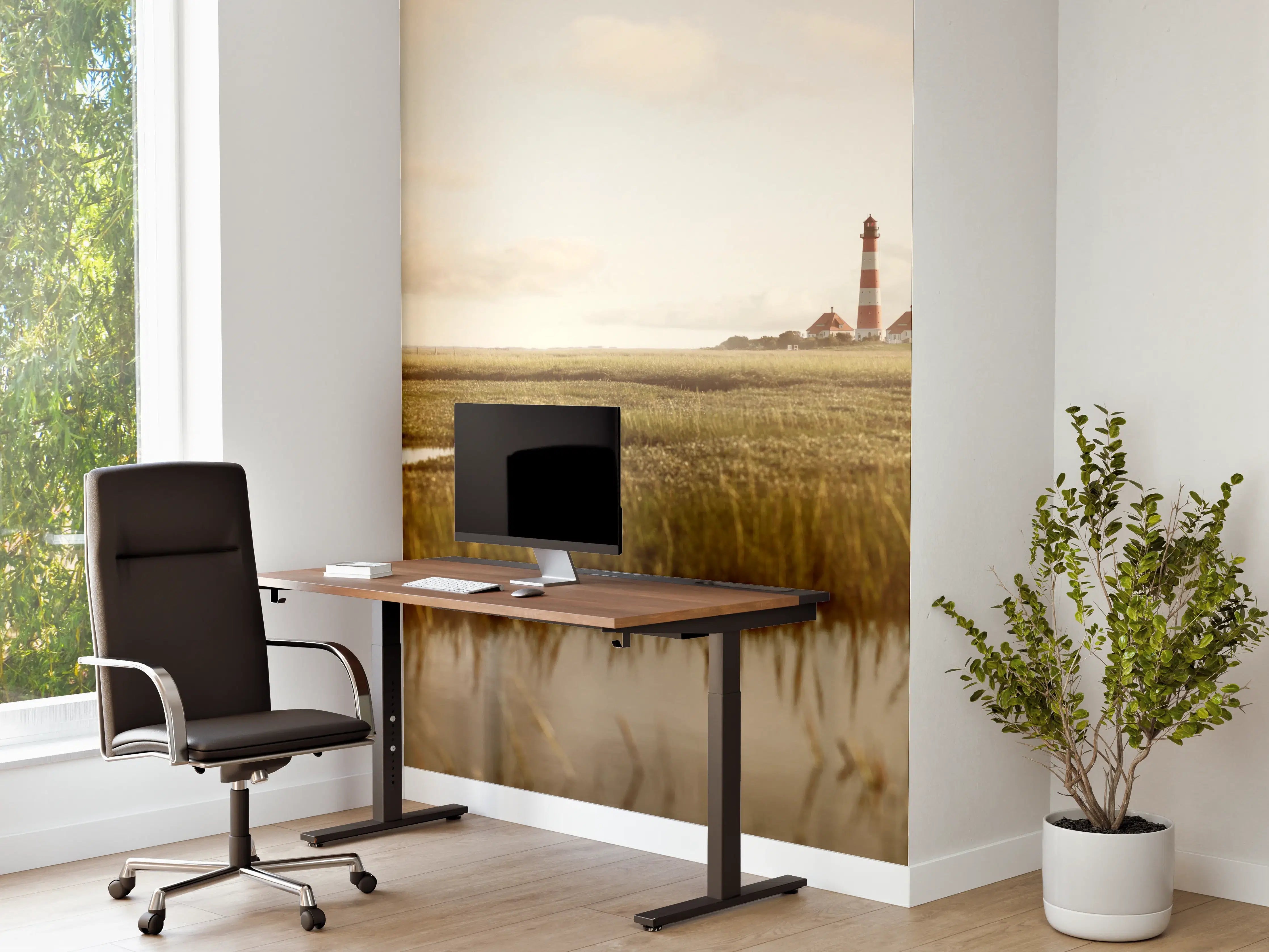 Büro Wandgestaltung - Idyllische Landschaft mit Leuchtturm und Schafen