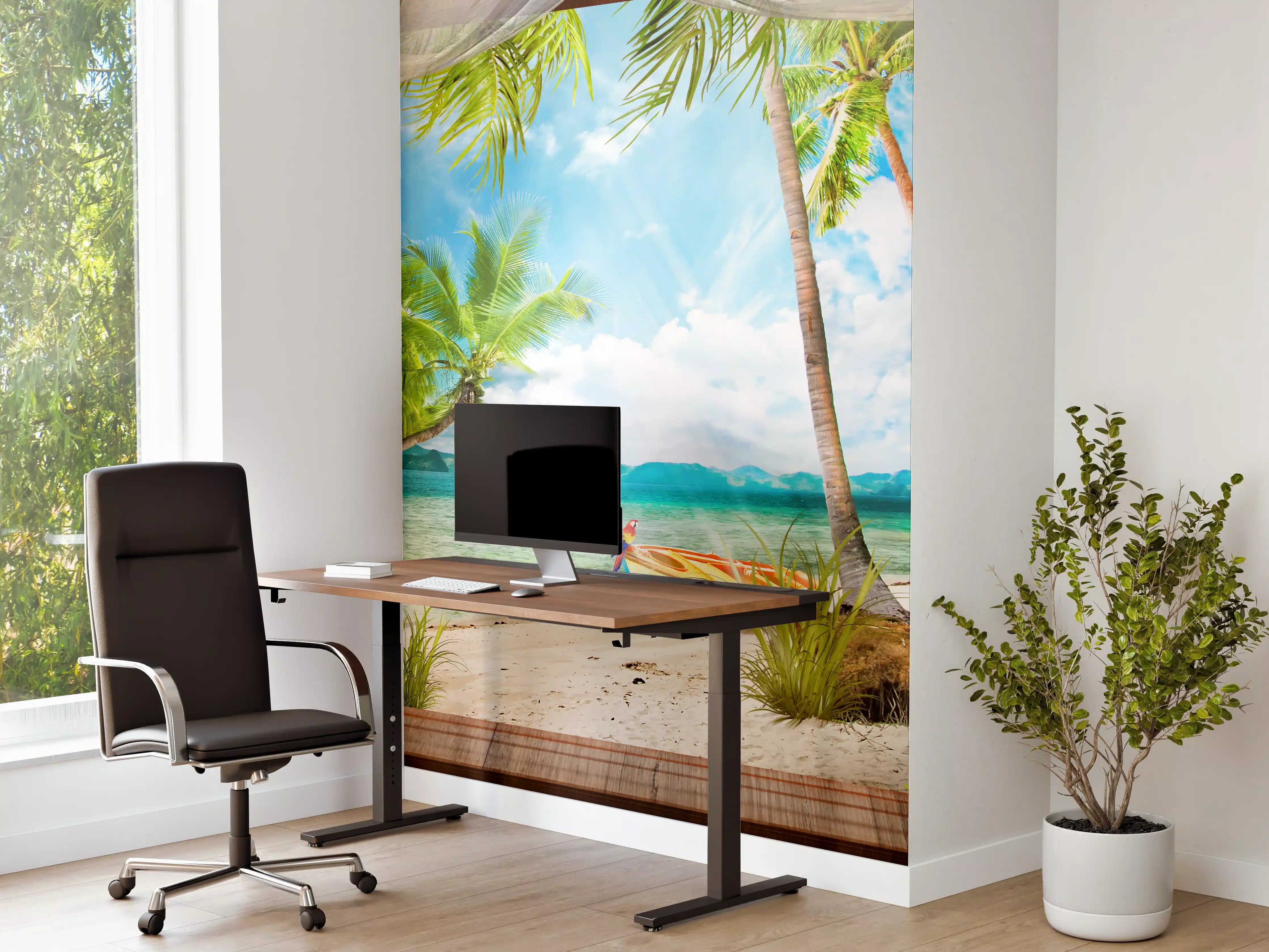 Büro Wandgestaltung - Idyllischer Strand mit Palmen und Boot