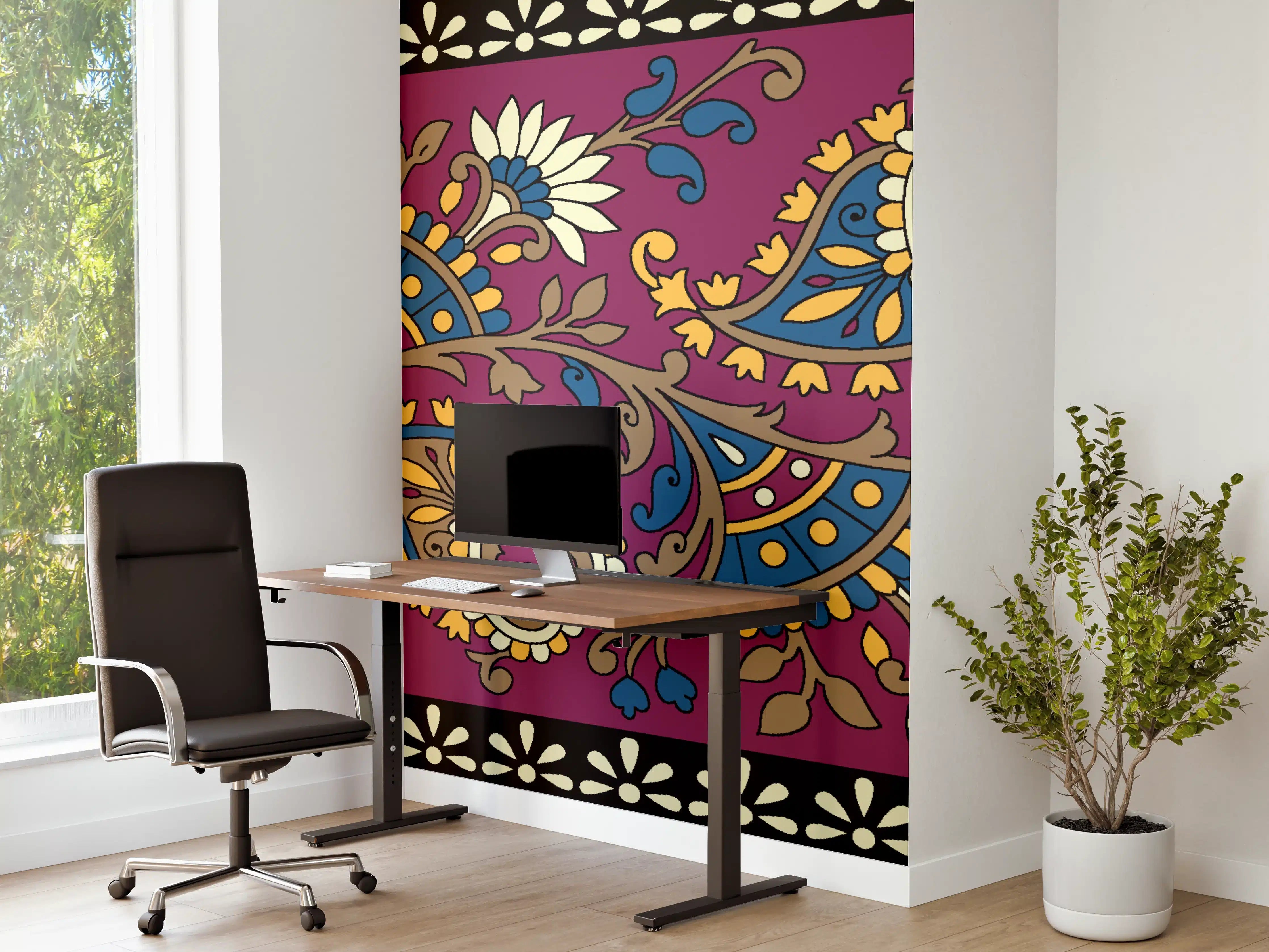 Büro Wandgestaltung - Indischer Paisley-Muster mit bunten Blüten