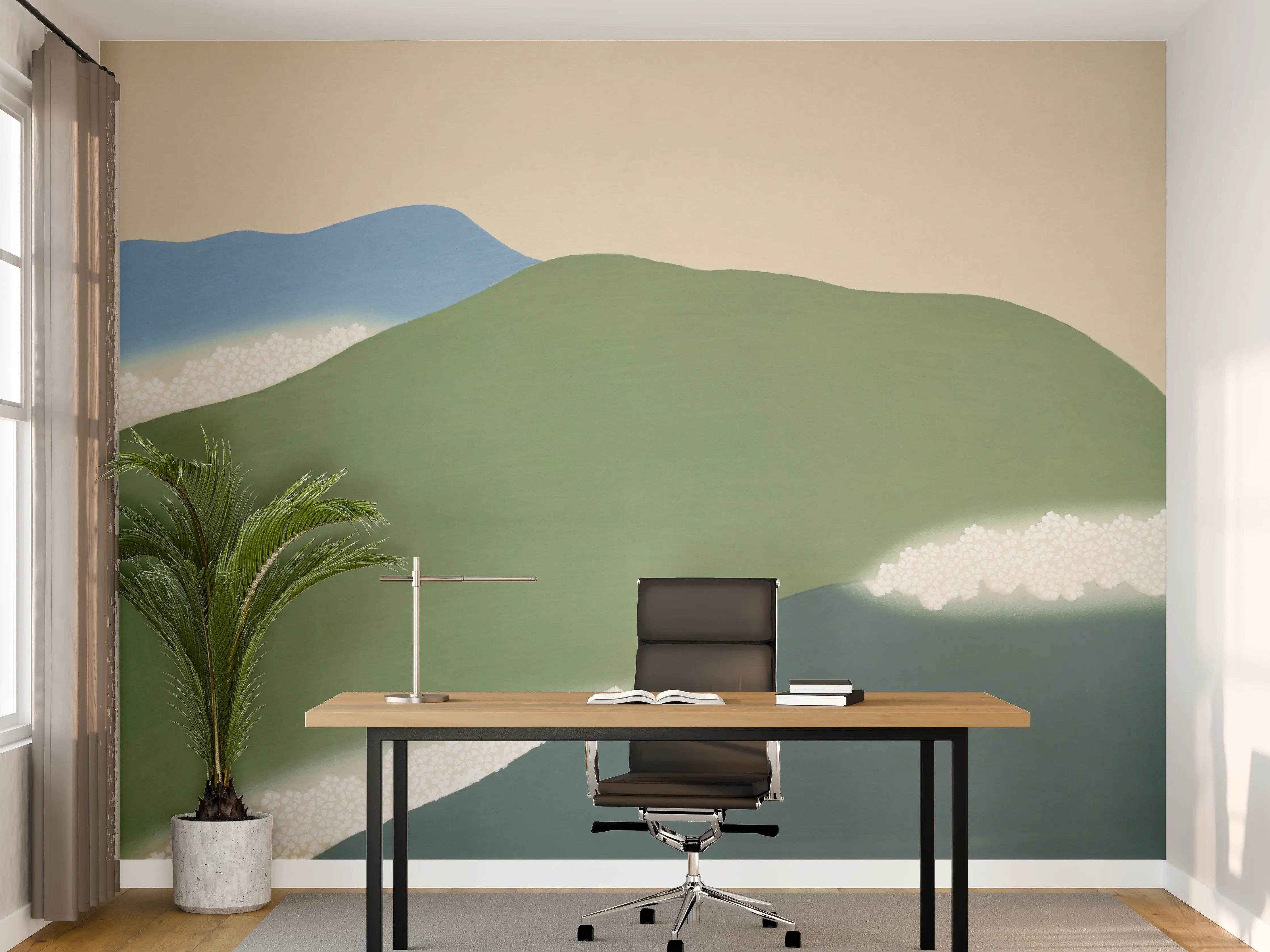 Büro Wandgestaltung - Japanische Berglandschaft Grün-Blau