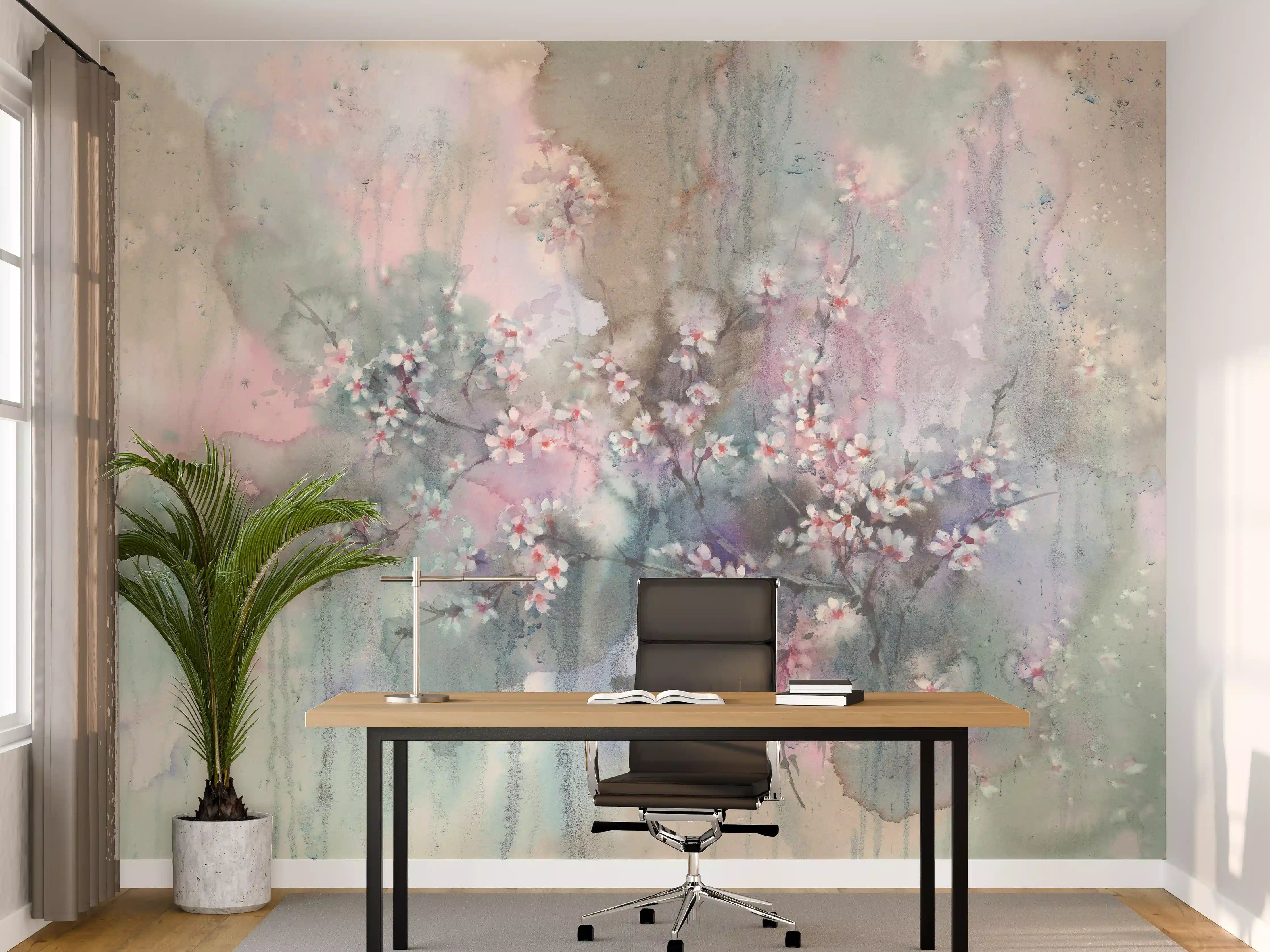 Büro Wandgestaltung - Japanische Kirchblüten mit Aquarell Muster